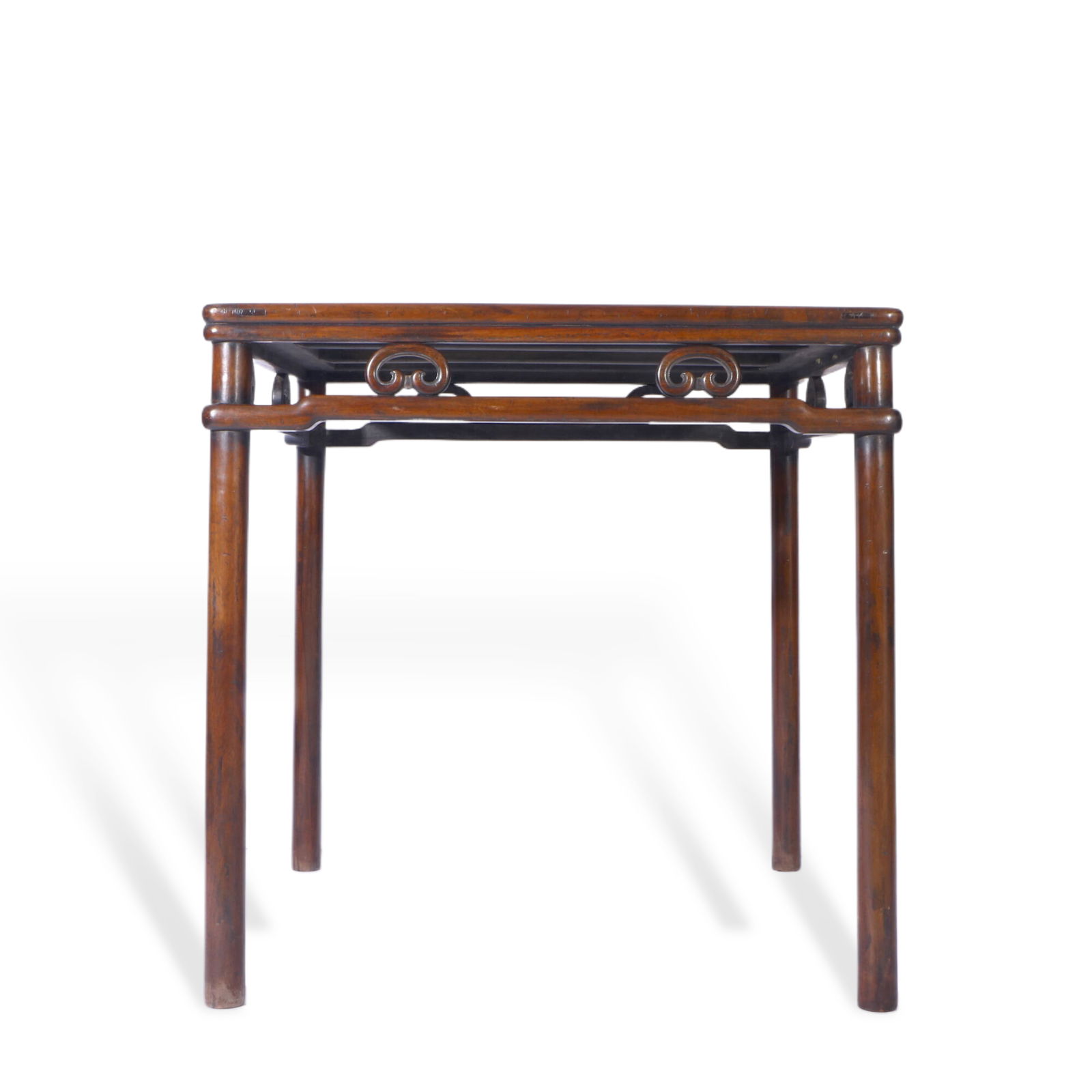 Qing Dynasty Hongmu Square Table with Double-Ring Spandrels: H:82.5cm L:81cm W:81cm This is a Qing Dynasty square table crafted from dense hongmu (red wood), assembled using traditional mortise-and-tenon joinery. The timber is solid and smooth, showcasing a