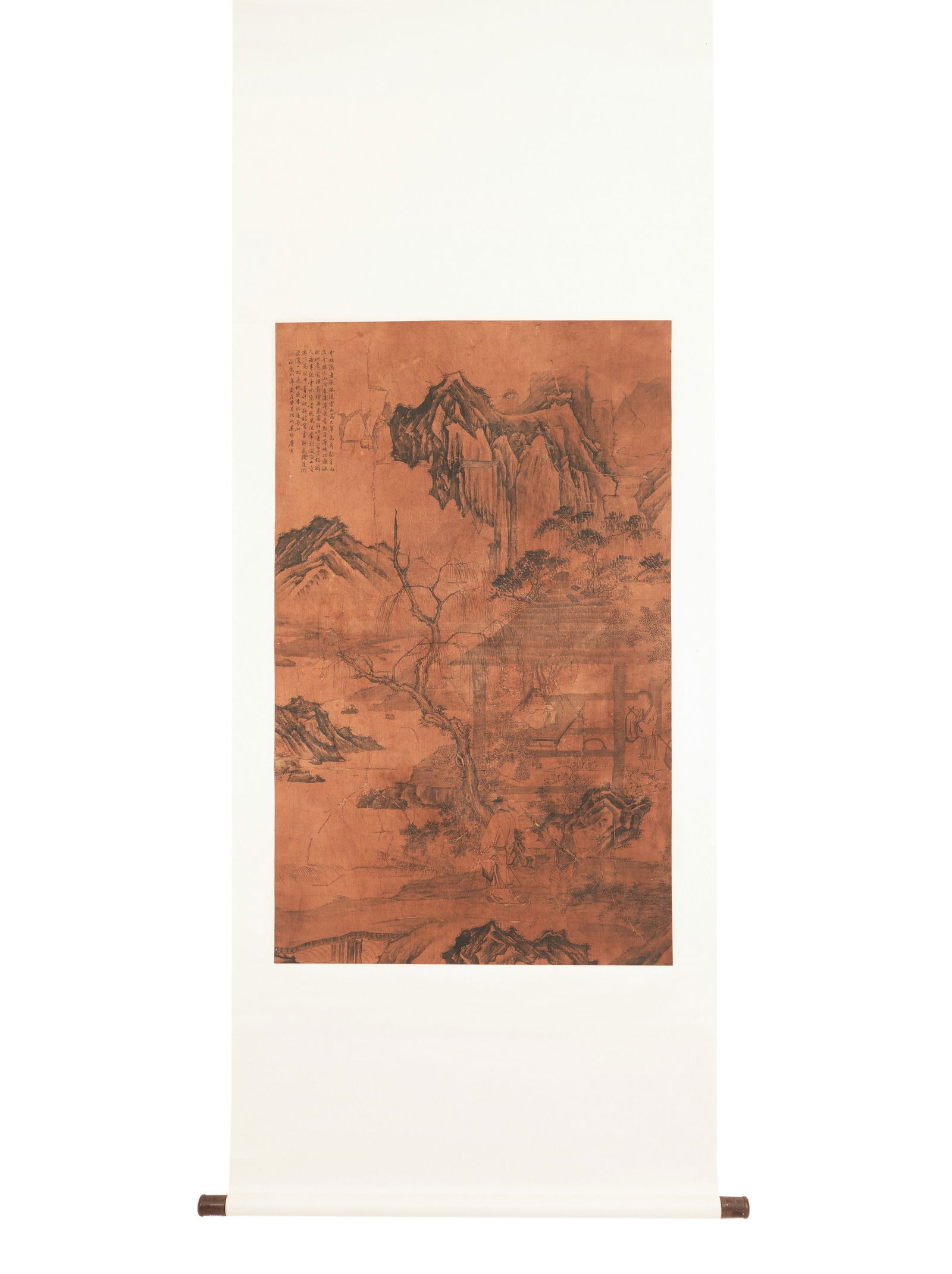 ang Yin, Scholar in Autumn Forest Color on Silk Hanging Scroll: L:142cm W:38cm This is a color-on-silk hanging scroll Scholar in Autumn Forest by Tang Yin, one of the Four Masters of the Ming Wu School, representing his fine literati landscape work. Painted in