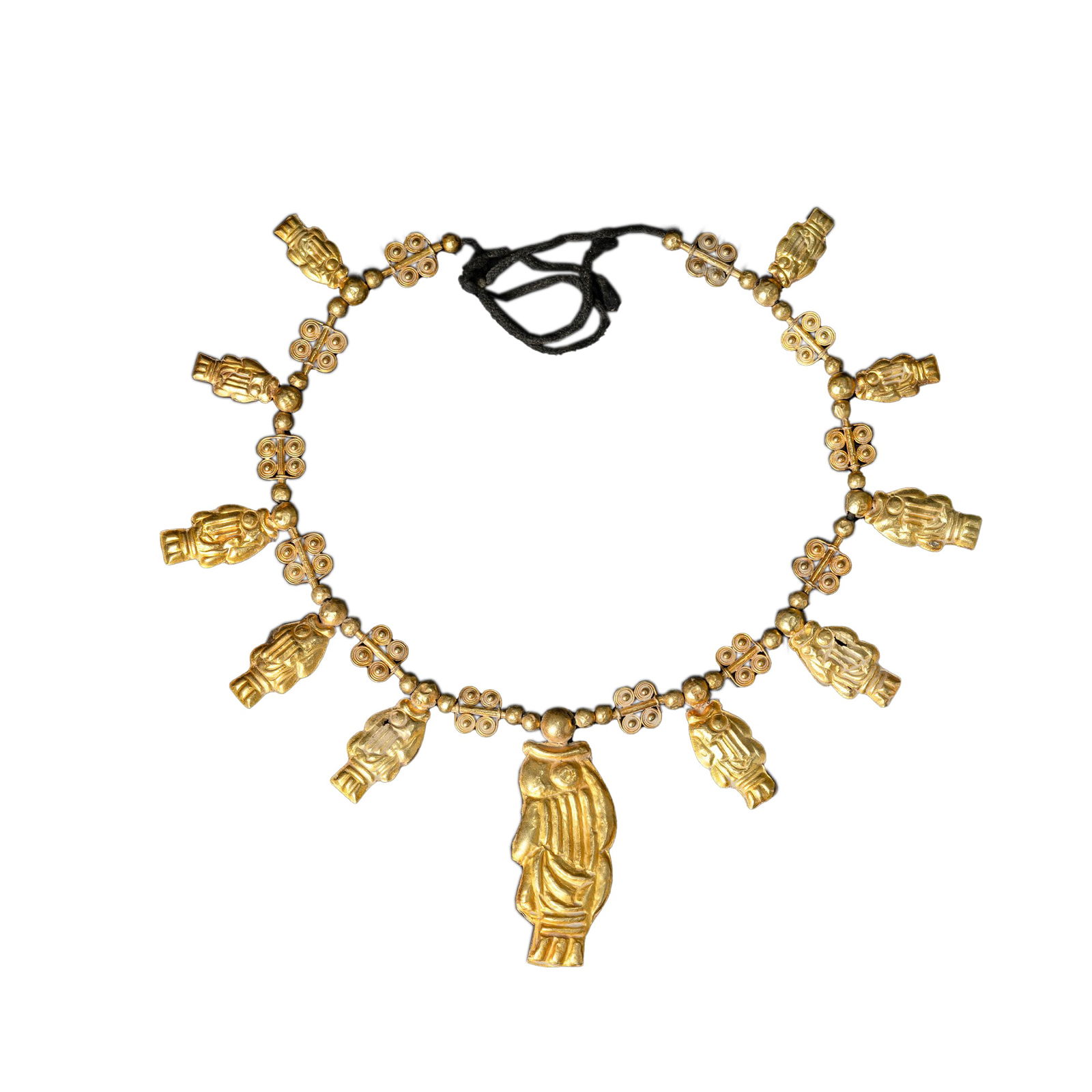 Ancient Bactrian 19K Gold Necklace with Fish Motif Pendants & Ornate Beads: Stunning ancient Bactrian necklace, expertly crafted in solid 19K gold and weighing 79 g:. The design features symbolic fish-shaped pendants paired with finely detailed gold beads.Material: 19K Gold