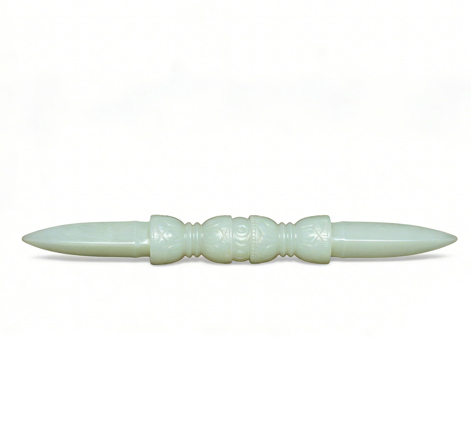 Qing Dynasty Hetian White Jade Multi-Segment Vajra Pestle: H:13cm W:1.5cm This is a Qing Dynasty Hetian white jade multi-segment vajra pestle, a fine jade ritual implement of Tibetan Buddhist theme. Carved from Hetian white jade with luminous, fine, and
