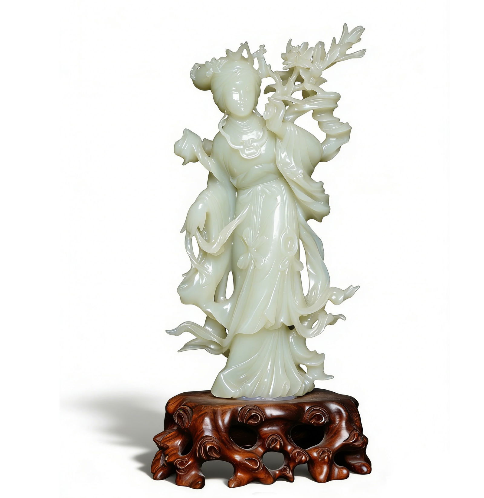 Qing Dynasty Hetian White Jade Standing Beauty Statue: H:18.5cm W:10.5cm This is a Qing Dynasty Hetian white jade standing beauty statue with a hongmu base, a fine scholar’s study decorative piece. Carved from Hetian white jade with warm, luminous, and