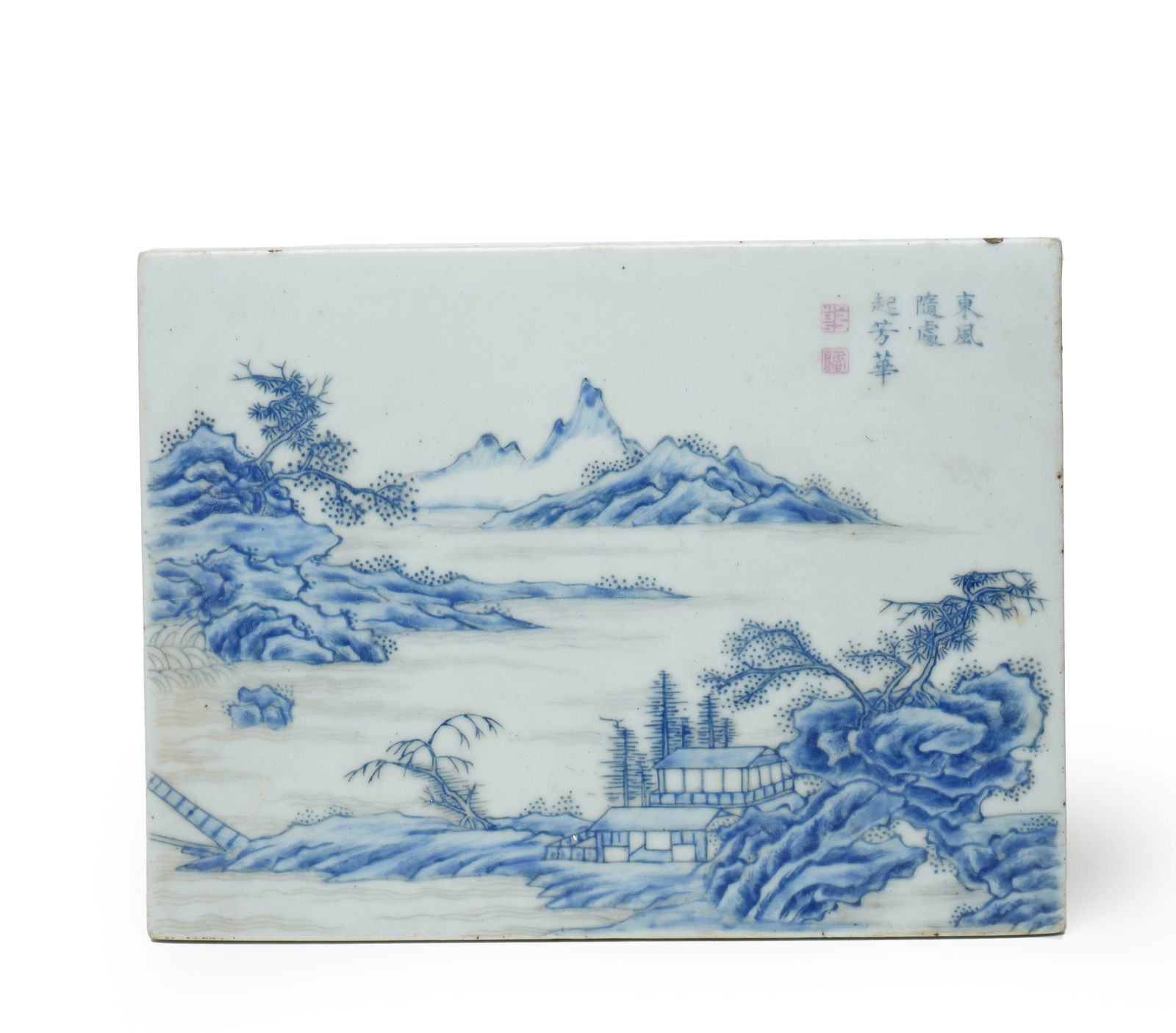 Qing Qianlong Period Blue and White Enamel Landscape Porcelain plate: L:19cmW:14.2cm This is a blue and white enamel landscape porcelain plaque with poetic inscription from the Qianlong period of the Qing Dynasty, an elegant decorative scholar’s object of the Qing cou