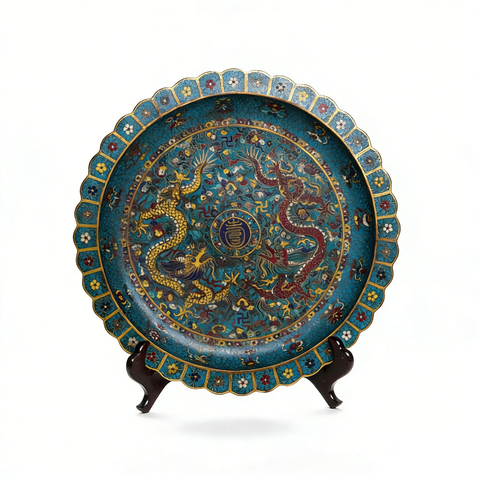 Qing Qianlong Period Cloisonné Enamel Plate with Double Dragons & Longevity Motif: H:6cmW:48cm This Qing Qianlong Period Cloisonné Enamel Plate with Double Dragons & Longevity Motif is a fine imperial cloisonné piece. Copper-based cloisonné, blue-ground with polychrome double dra