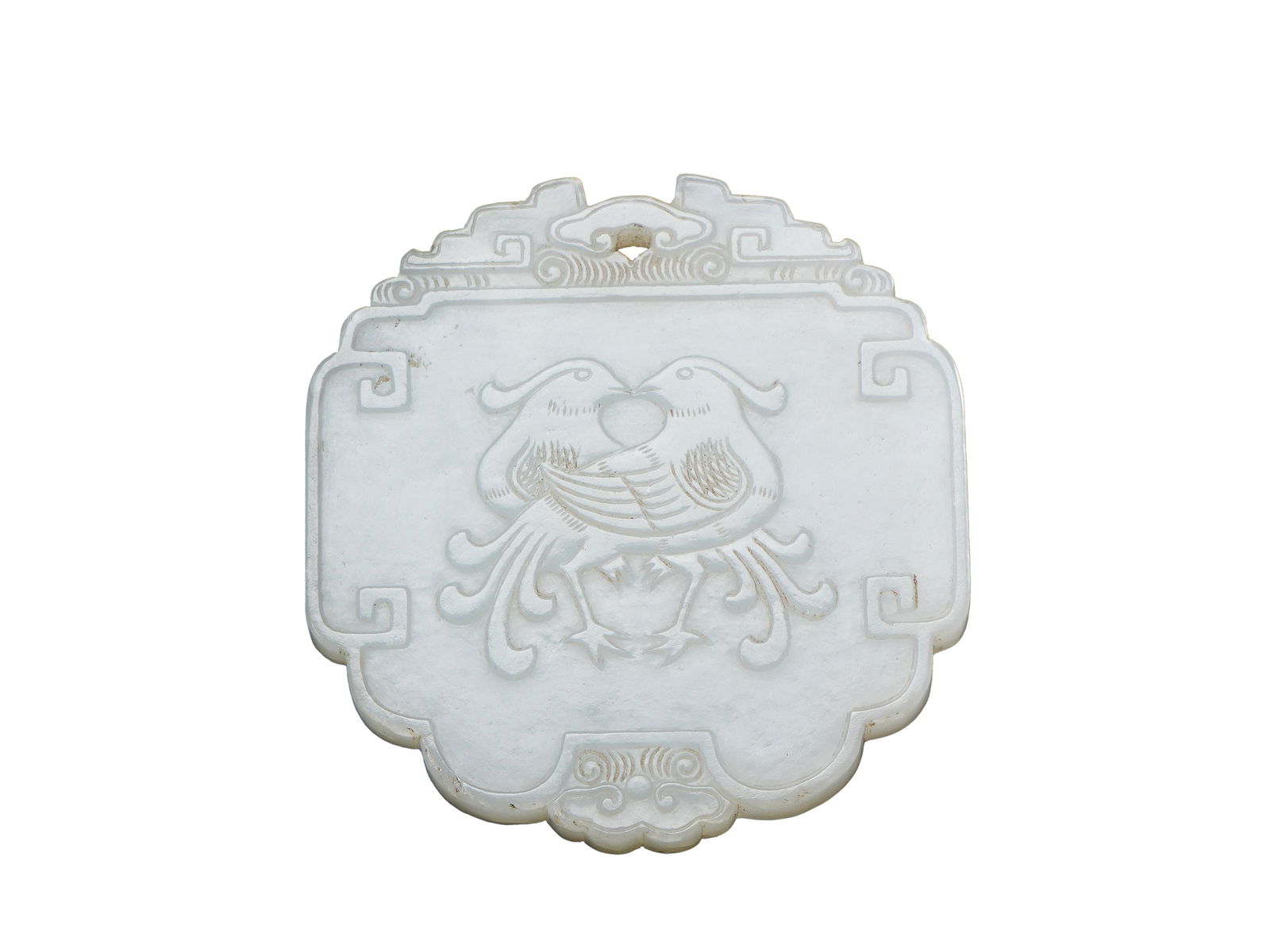 Qing Qianlong Period Hetian White Jade Plaque with Double Birds Holding Pearl Pattern: L:5.3cmW:5cm This is a Hetian white jade plaque with double birds holding pearl pattern from the Qianlong period of the Qing Dynasty, a fine jade ornament of the Qing court. The plaque is made of Heti