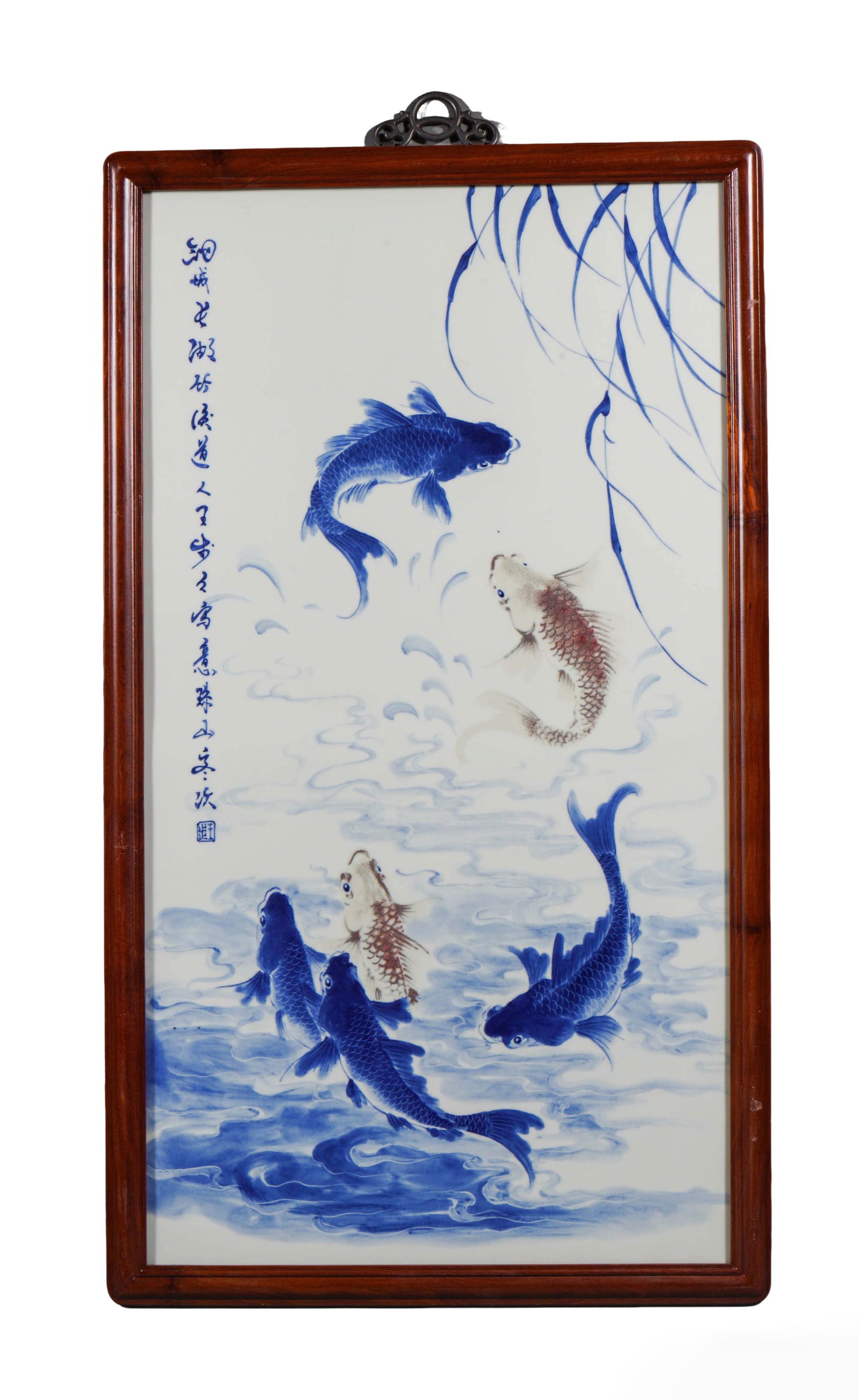 Blue and White with Underglaze Red 'Five Carp' Porcelain Plaque Hanging Screen: L:85.5cmH:49cm This is a blue and white with underglaze red "five carp" porcelain plaque hanging screen with a red wood frame. The porcelain plaque is fired from fine white porcelain, with a