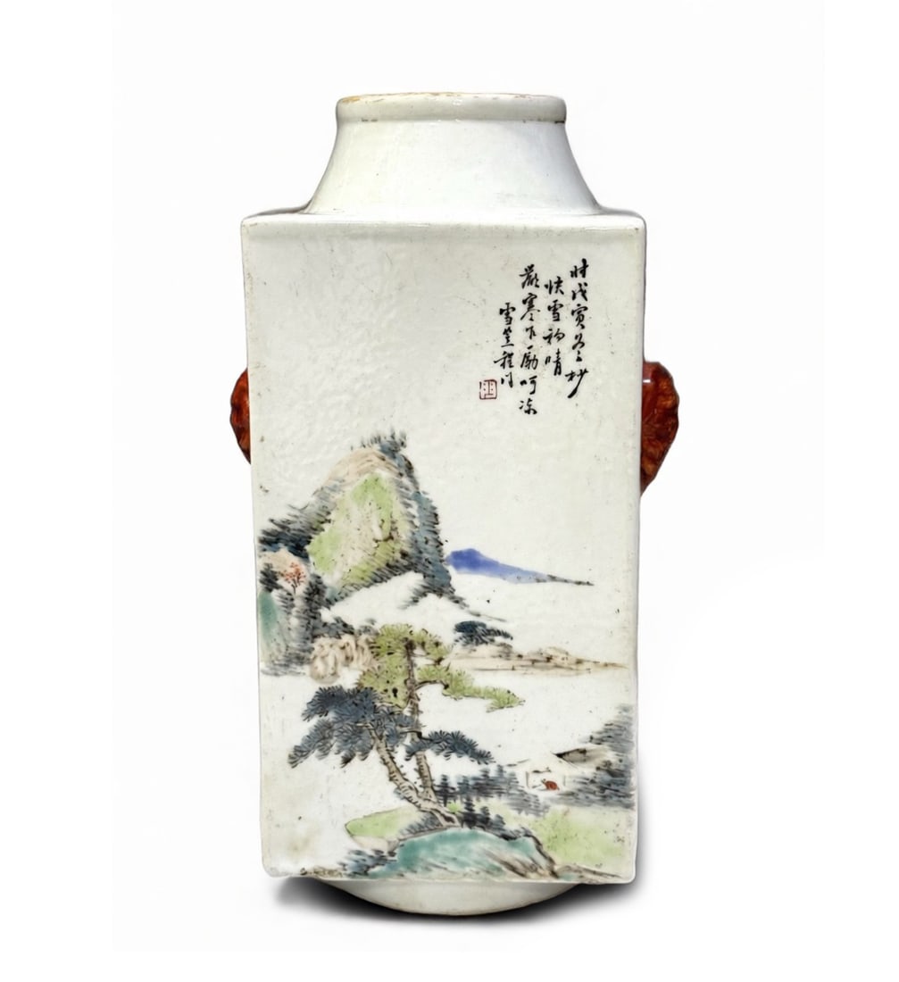 Qianjiangcai Square Vase with Landscape, Poem, and Beast Head Handles: H:30cm W:13.5cm This is a Qianjiangcai square vase with landscape, poem, and beast head handles, a fine example of literati porcelain painting. The vase has a square form, with a solid white body