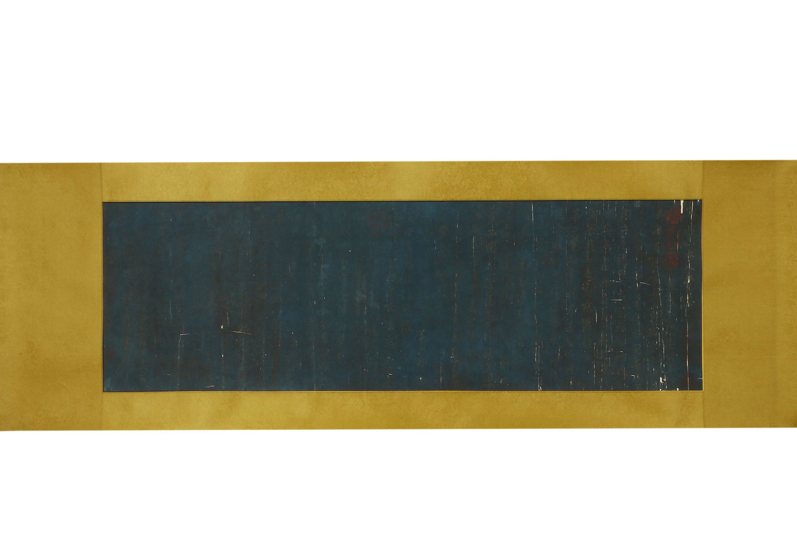 Zhao Mengfu, Ink-Gilt Classic of Filial Piety Scroll on Porcelain Blue Paper: L:32cm W:104cm This is the Classic of Filial Piety scroll by Zhao Mengfu, a giant of Yuan Dynasty calligraphy, written in ink-gilt on imperial porcelain blue paper—representing his late-period