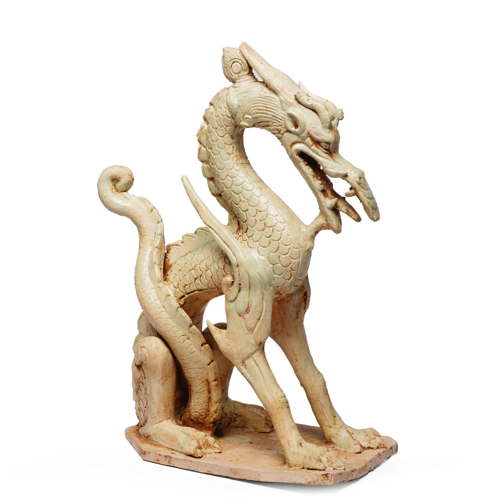 Western Jin Dynasty Celadon Dragon-Form Candle Holder: H:35cmW:25cm This vessel is a celadon dragon-form candle holder from the Western Jin Dynasty, belonging to the Yue kiln tradition. Modelled as a striding dragon with its head raised, it features