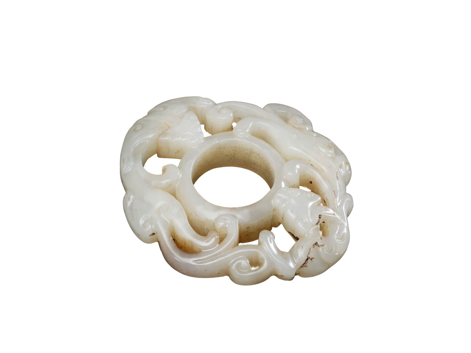 Qing Dynasty White Jade Openwork Pendant with Two Chi-Dragon Motifs: L:5cmW:4.3cm This is a Qing Dynasty white jade openwork pendant with two chi-dragon motifs, featuring lustrous and white jade with natural inclusions. Created using openwork carving, the two