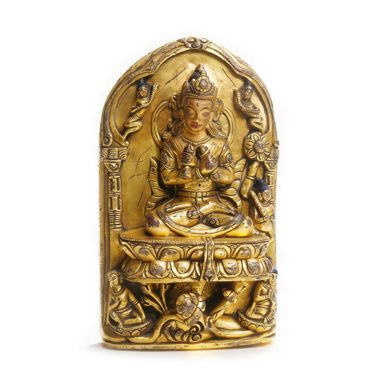 Qing Dynasty Gilt-Bronze Shrine-Style Statue: H:15.5cmW:9cm This Qing Dynasty Gilt-Bronze Shrine-Style Statue is a fine Tibetan Buddhist portable shrine. Gilt-bronze, the shrine encloses a main deity and attendants (compact layout, exquisite