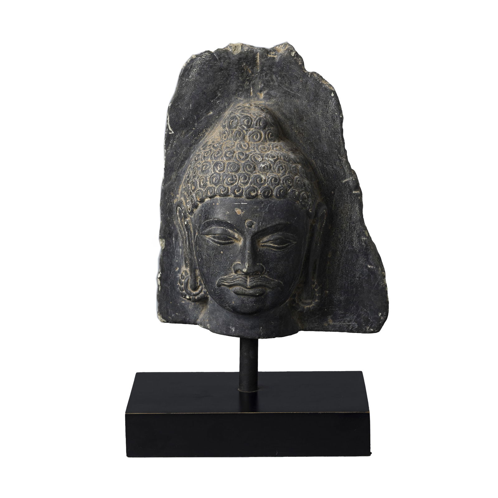 Antique Black Stone Carved Buddha Head Fragment on Stand: Antique Black Stone Carved Buddha Head Fragment on Stand [20 x 24.5cm, Total Weight: 5.4kg]