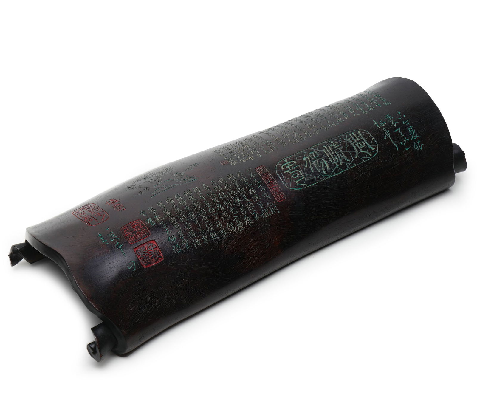 Qing Dynasty Zitan Arm Rest with Carved Poems and Colored Inlays: L:34.5cm W:14cm This is a Qing Dynasty zitan (red sandalwood) arm rest, carved from a single piece of small-leaf zitan. The wood is dense and heavy, with a deep, rich purple hue, fine, subtle grain, a