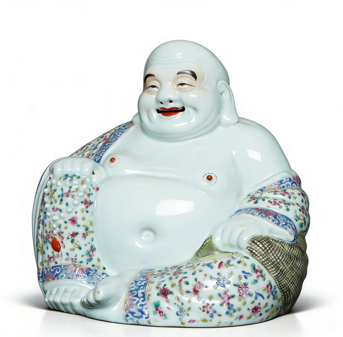 Qing Dynasty Famille Rose Maitreya Buddha Statue: H:26cm W:30cm This is a Qing Dynasty famille rose Maitreya Buddha statue with a "thousand flowers" pattern, a fine famille rose porcelain sculpture. Made of porcelain, it is fully coated with white gl