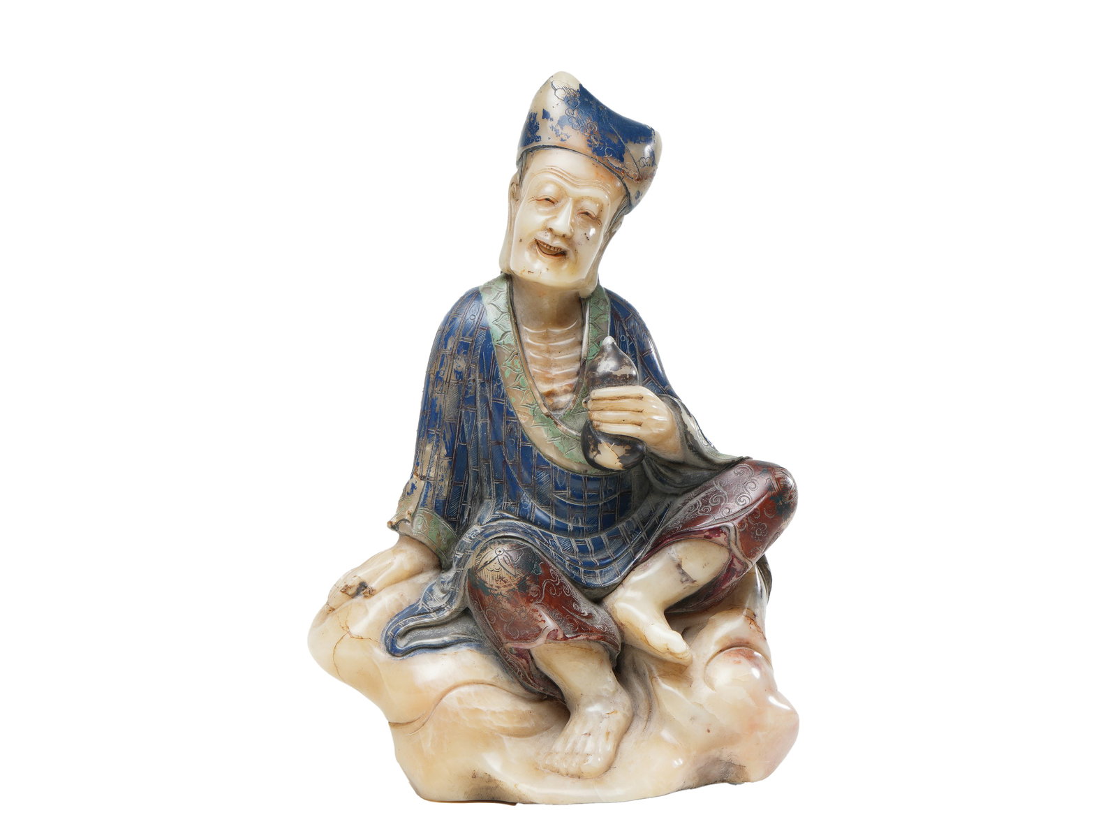 Qing Qianlong Period Shoushan Stone Arhat Seated Figure with Polychrome Decoration (1 of 8)