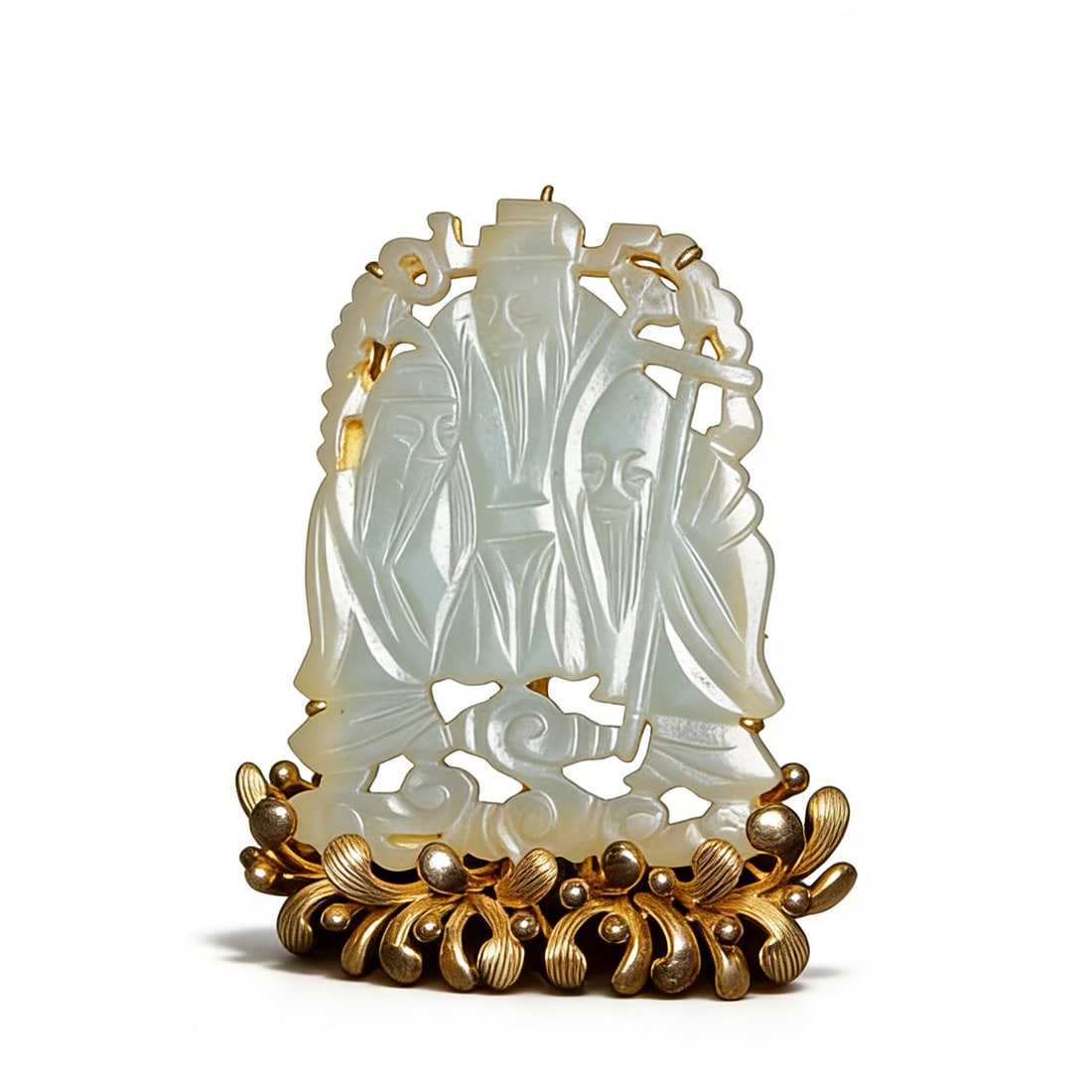 Qing Dynasty Hetian White Jade with Gold Inlay: H:5.6cmW:4.5cm This is a Qing Dynasty Hetian white jade with gold inlay ("Celestial Official Bestowing Blessings") ornament, a fine imperial-style jade ornament. Carved from Hetian white jade into a d