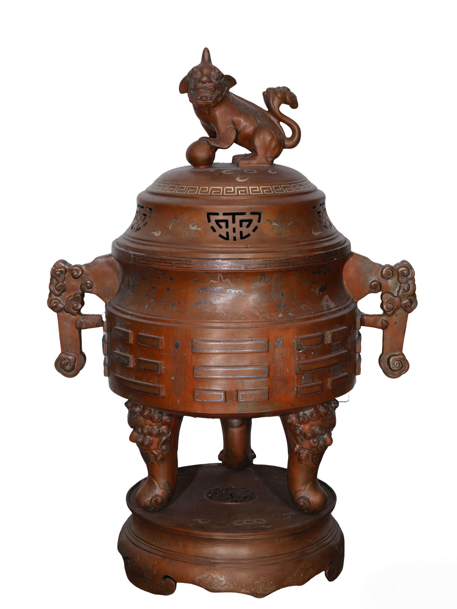 Bronze Censer with Silver Inlay: H:117cm W:80cm This is a bronze censer with silver inlay, lion finial, Bagua patterns and three legs , a fine decorative utensil . The censer is made of refined bronze, with overall silver inlay craft