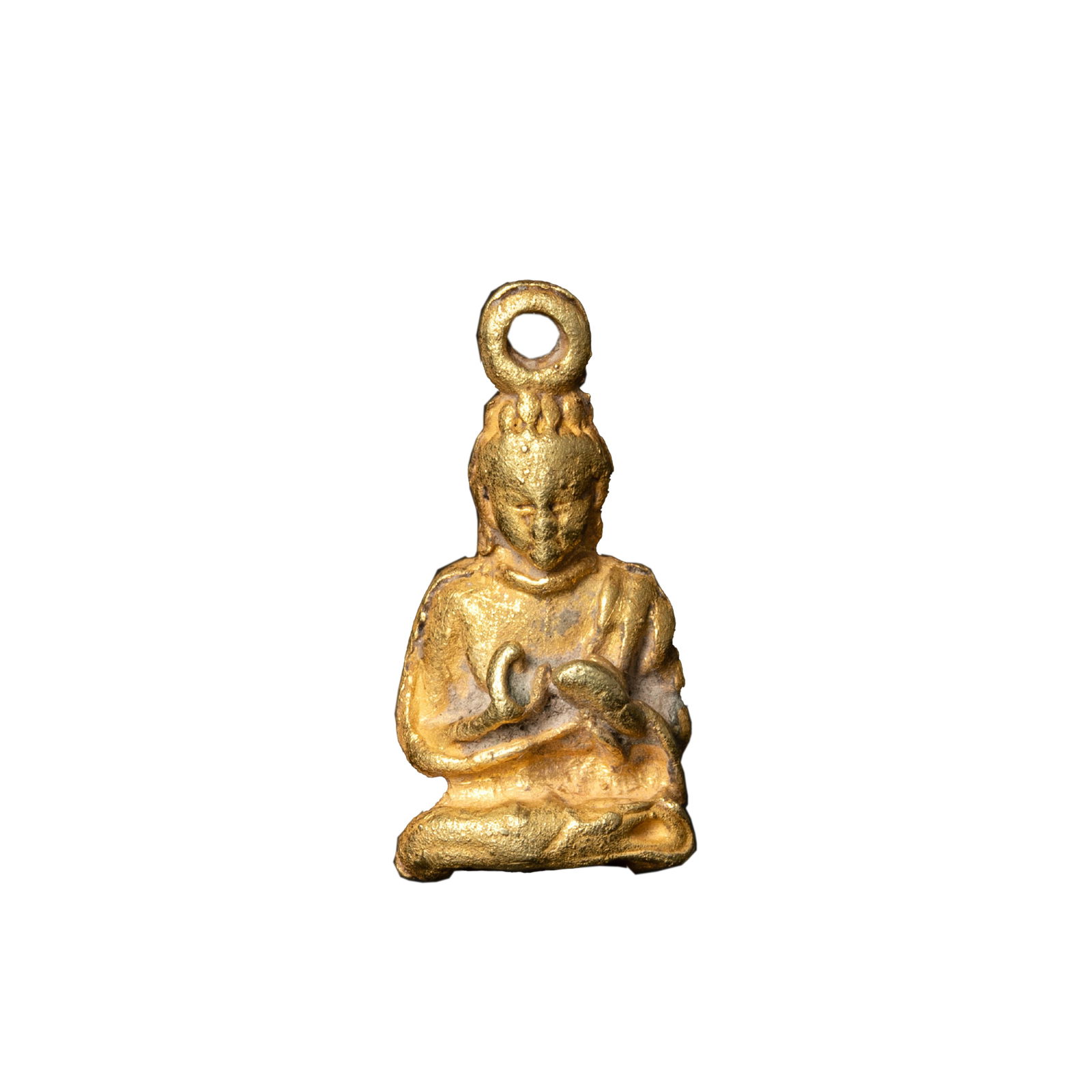 Small Antique 19K Gold Buddha Statue Amulet Pendant – Seated Meditation Pose: Small antique Buddha statue, also suitable as an amulet or pendant, crafted in 19K gold and weighing 4g. Depicts the seated meditation pose. Measures approx. 1.2 x 2.2 cm.Gold test report shown in pho