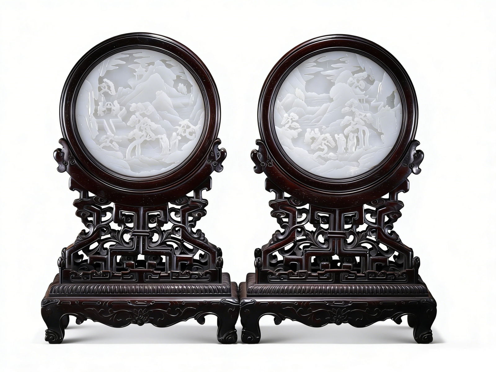 Qing Dynasty Pair of White Jade Landscape Plaquettes in Zitan Stands (1 of 10)