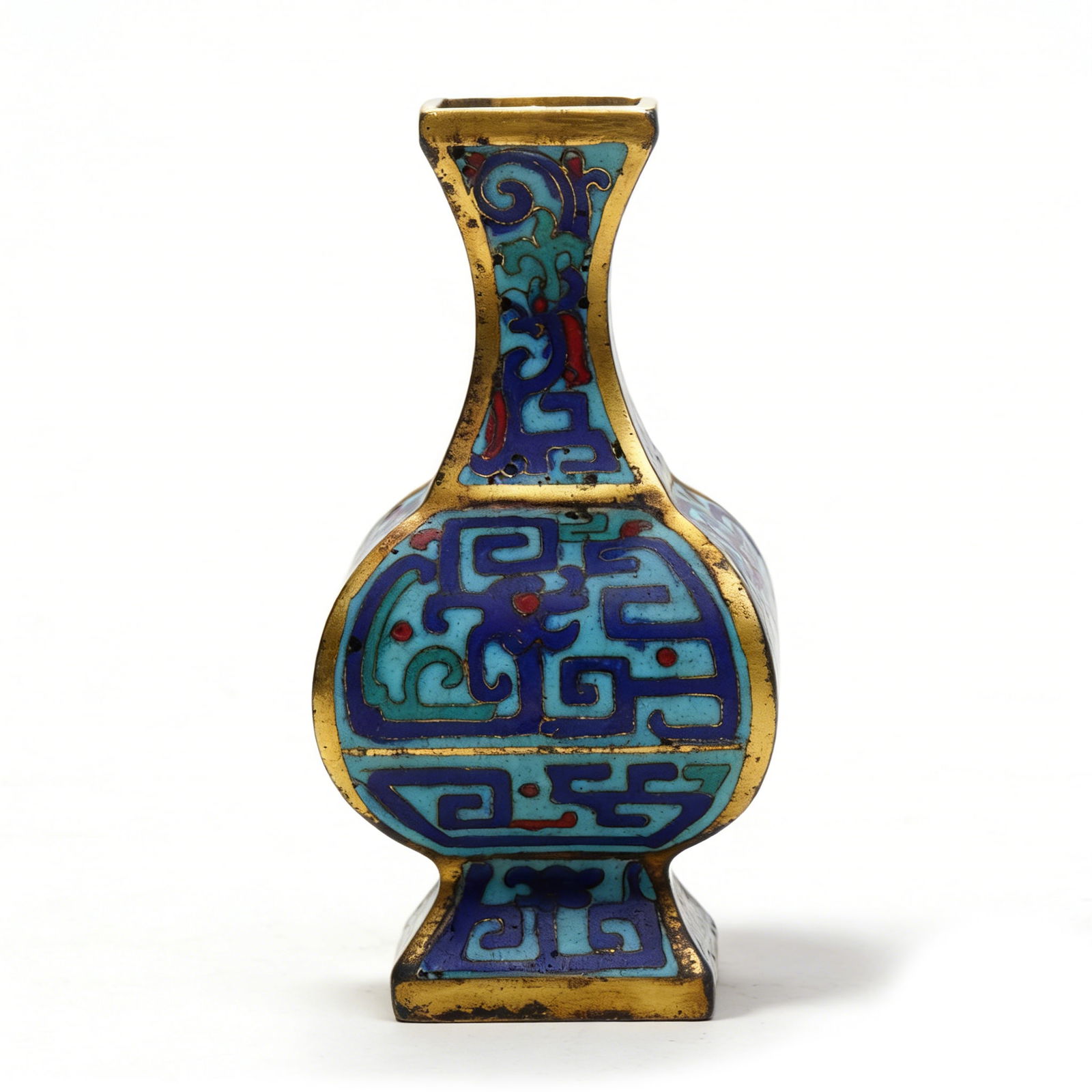 Qing Qianlong Period Cloisonné Enamel Archaistic Key-Pattern Square Vase: H:12.5cmW:6cm This Qing Qianlong Period Cloisonné Enamel Archaistic Key-Pattern Square Vase is a fine Qianlong cloisonné archaistic piece. Copper-based cloisonné, blue-ground with polychrome archai
