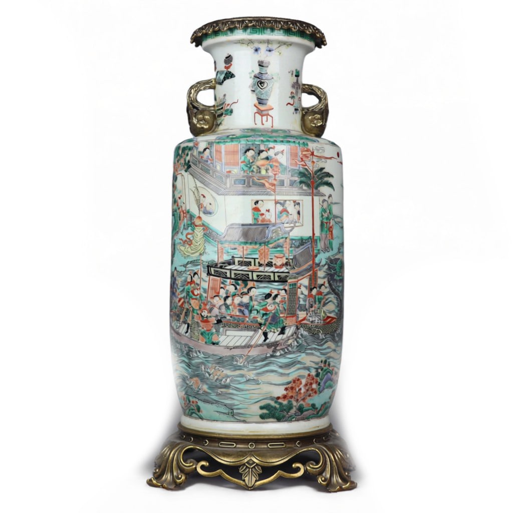 Qing Dynasty Canton Enamel Vase with Figure Story Patterns, Inlaid Bronze Handles: H:51cmW:19.5cm This is a Qing Dynasty Canton enamel vase with figure story patterns, inlaid bronze handles, and a later bronze stand—a fine example of Canton export porcelain. Fired from fine porcel