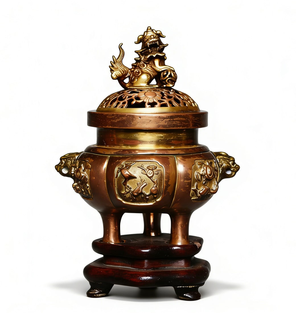 Qing Dynasty Gilt-Bronze Incense Burner with Openwork Auspicious Beast Patterns (1 of 8)