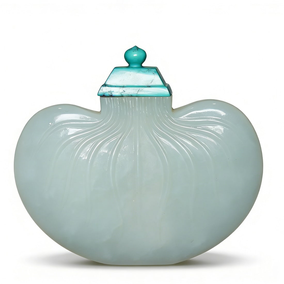 Qing Dynasty Hetian White Jade Snuff Bottle Inlaid with Turquoise: H:6cmW:6.8cm This is a Qing Dynasty Hetian white jade snuff bottle inlaid with turquoise, a fine scholar’s elegant object. Carved from Hetian white jade into a melon-ribbed form with luminous, fine