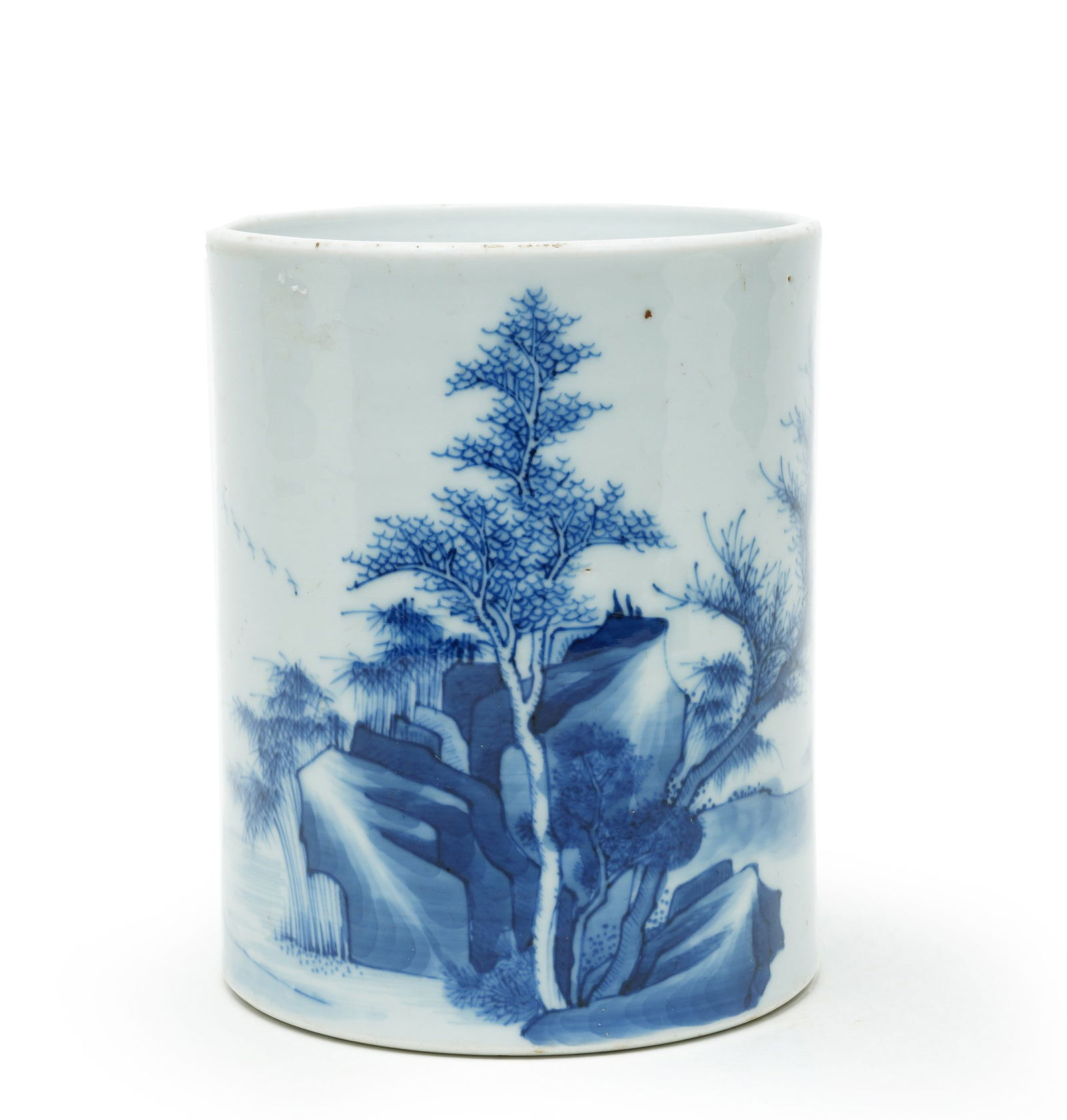 Qing Dynasty Blue and White Brush Pot with Landscape Patterns: H:14.5cmW:10.5cm This is a Qing Dynasty blue and white brush pot with landscape patterns, a fine scholar’s implement. Fired from fine white porcelain, the body is solid with a luminous glaze; the po