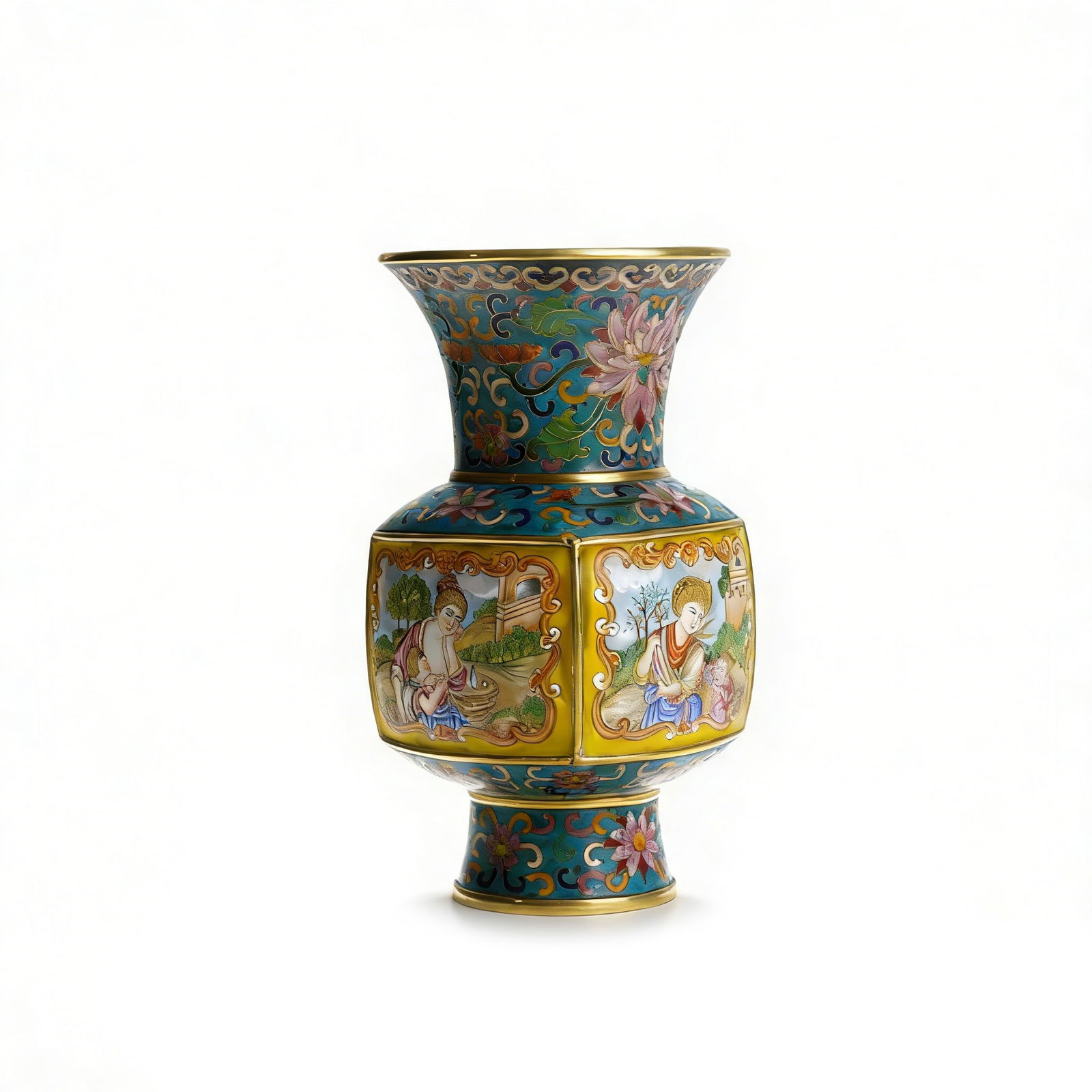 Qing Qianlong Period Cloisonné Enamel Figure-Pattern Gu Vase: H:18cm W:10cm This Qing Qianlong Period Cloisonné Enamel Figure-Pattern Gu Vase is a fine Qianlong cloisonné piece. Copper-based cloisonné with layered patterns (interlocking lotus and panel