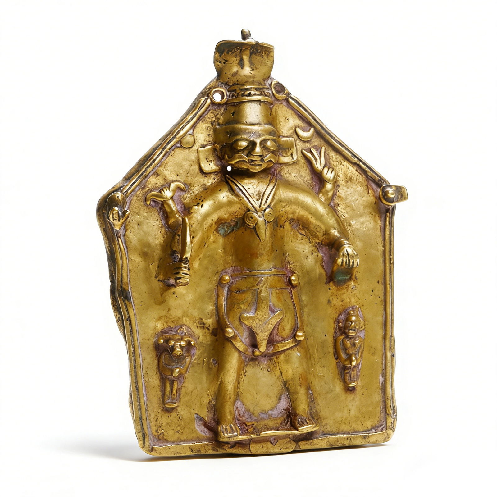 Qing Dynasty Gilt-Bronze Protector Deity Plaque: H:18cmW:13.5cm This Qing Dynasty Gilt-Bronze Protector Deity Plaque is a fine Tibetan Buddhist portable protector plaque. Gilt-bronze, the plaque is carved with a multi-armed protector deity