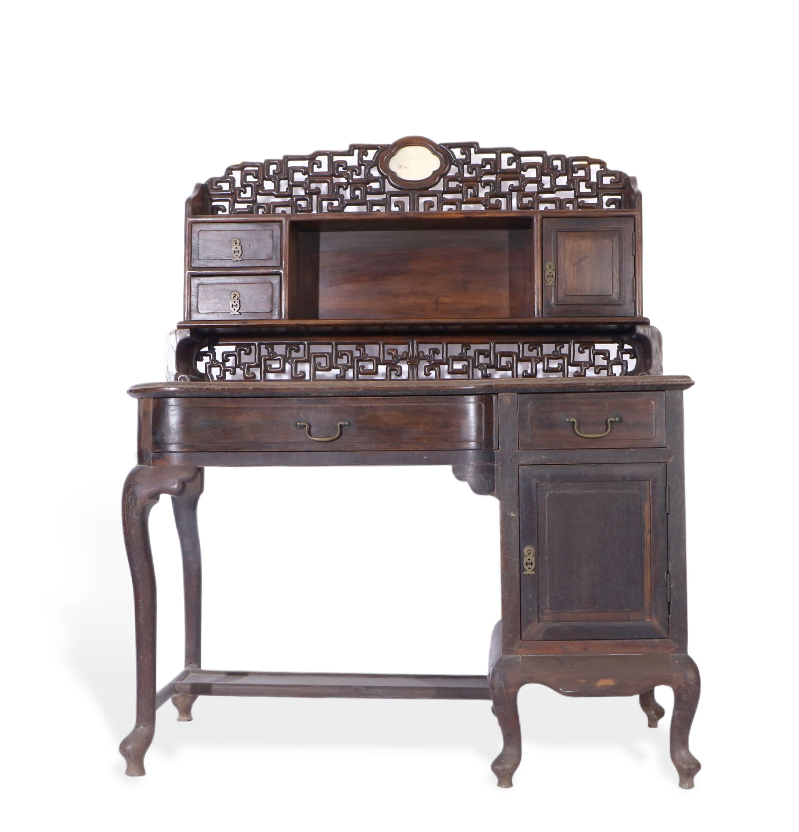 Qing Dynasty hongmu antique display dressing table: H:135cm L:109cm W:54cm This is a Qing Dynasty hongmu (red wood) antique display dressing table, constructed with dense red wood using mortise-and-tenon joinery. It features a deep, refined hue and a