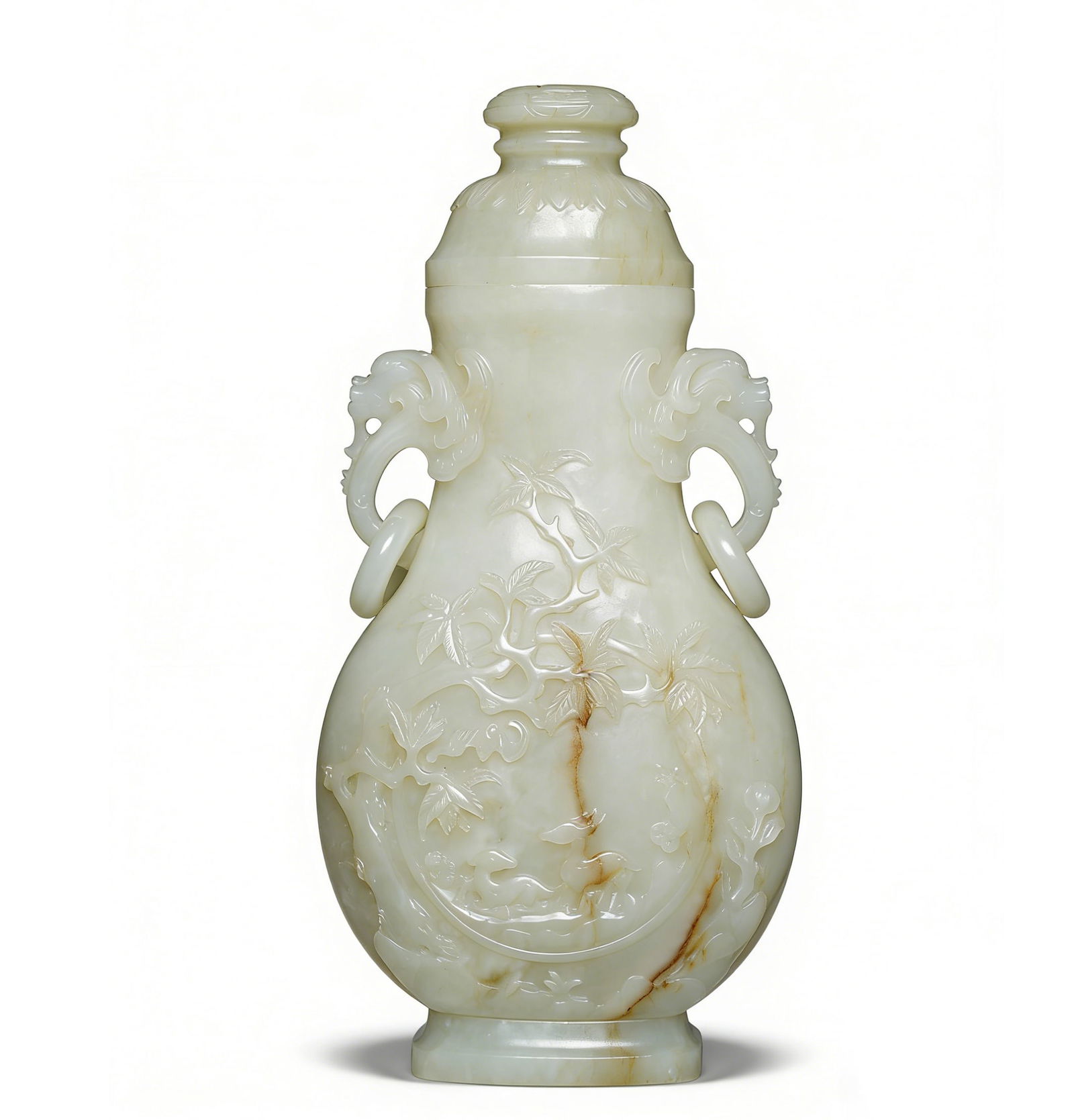 Qing Dynasty Hetian White Jade Vase with Relieved Landscape, Double Dragon Handles, and Loose Rings (1 of 10)