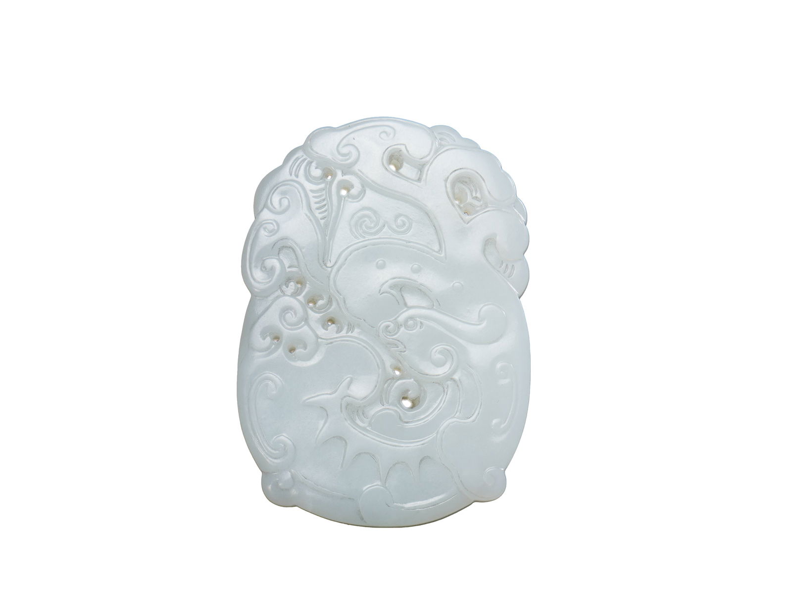 Qing Qianlong Period Hetian White Jade Plaque with Openwork Chi-Dragon Pattern: L:6cmW:4.3cm This is a Hetian white jade plaque with openwork chi-dragon pattern from the Qianlong period of the Qing Dynasty, a fine jade ornament of the Qing court. The plaque is made of Hetian whit