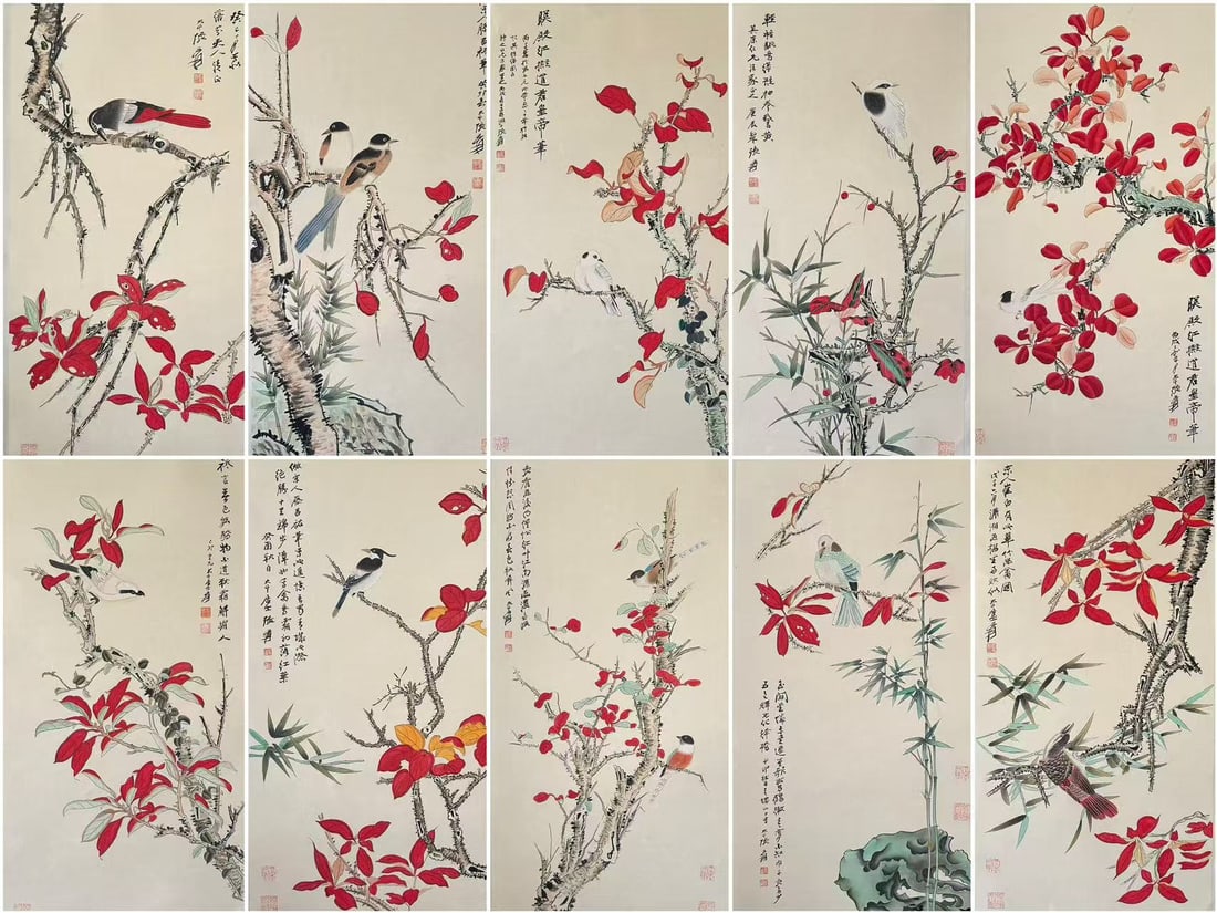 Zhang Daqian's red leaves and birds paintings, ten pieces with box (1 of 20)