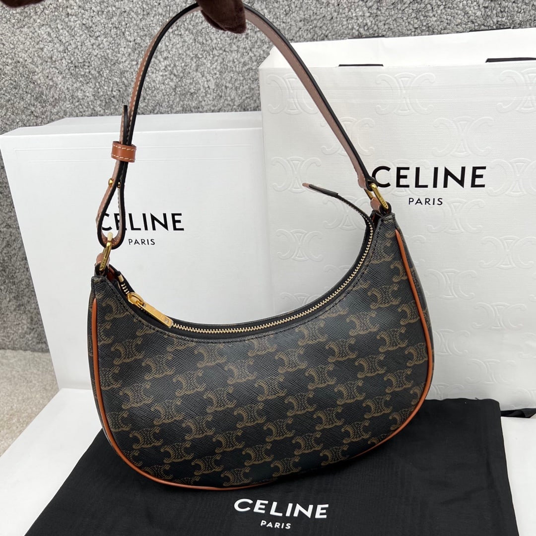 Celine AVA: AVA logo print handbag, tan, 9 x 6 x 3 inches (23 x 14 x 7 cm), made of faux cowhide leather, fabric upholstery, shoulder or hand carry, zip closure, one interior flat pocket, adjustable leather shoul