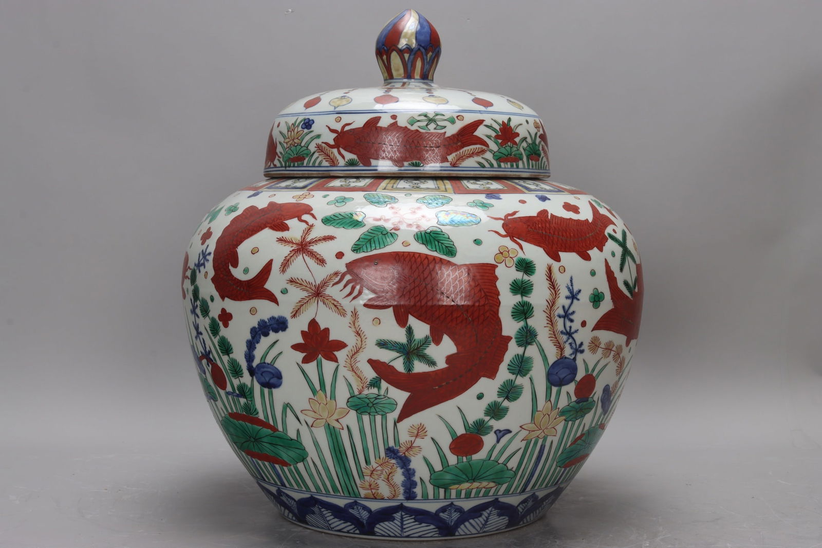 Ming Dynasty, Jiajing period polychrome fish and grass pattern seaweed jar