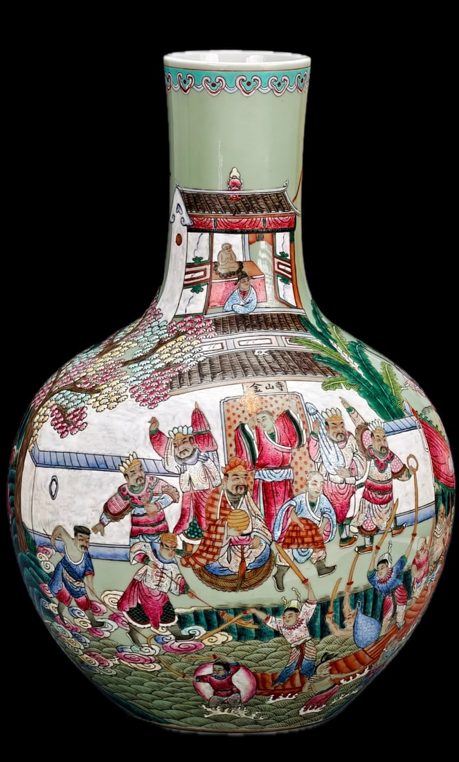 Qing Dynasty Celadon Enamel Gilded Landscape Vase with "Flooding of Jinshan Temple" Design: Qing Dynasty celadon-glazed, famille rose, and gilded panoramic vase depicting the "Flood of Jinshan Temple." The vase is exquisitely crafted, with a rich and stable celadon glaze as its base. The app