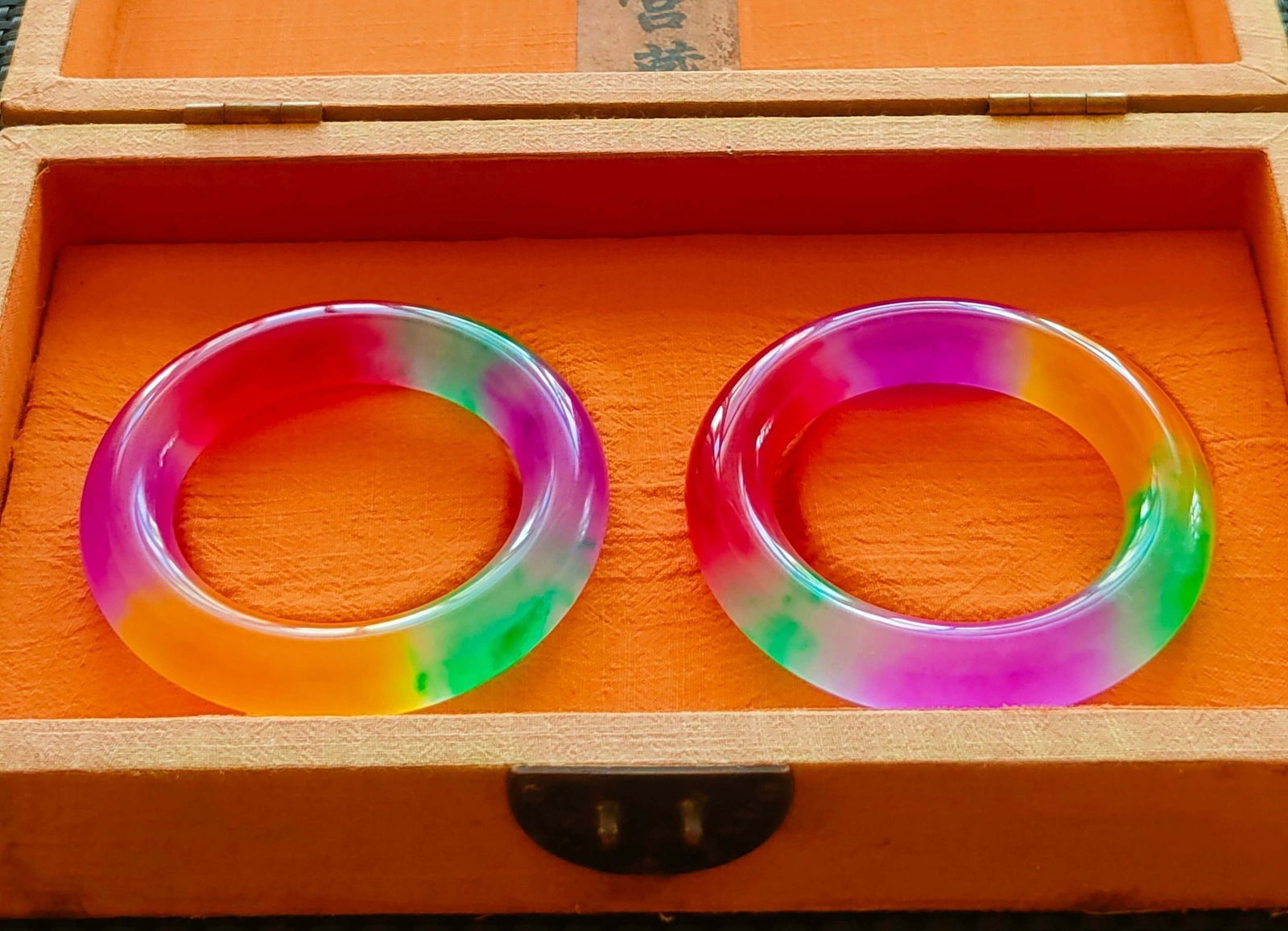 Top grade icy imperial tricolor jadeite bangle in an antique embroidered box (1 of 9)