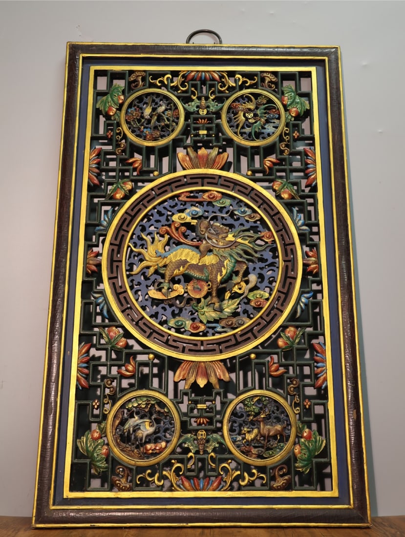 Treasured Old Camphor Wood Carved Auspicious Qilin Lacquered and Gilded Painting for the Main Hall (1 of 9)
