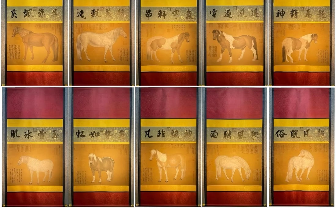 A set of ten exquisite hand painted silk paintings by Giuseppe Castiglione (Lang Shining) in a