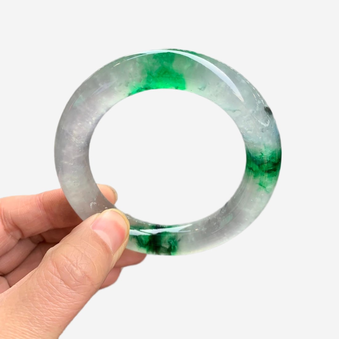Burmese jadeite high-ice type with floating green flowers, round jadeite bangle (1 of 11)