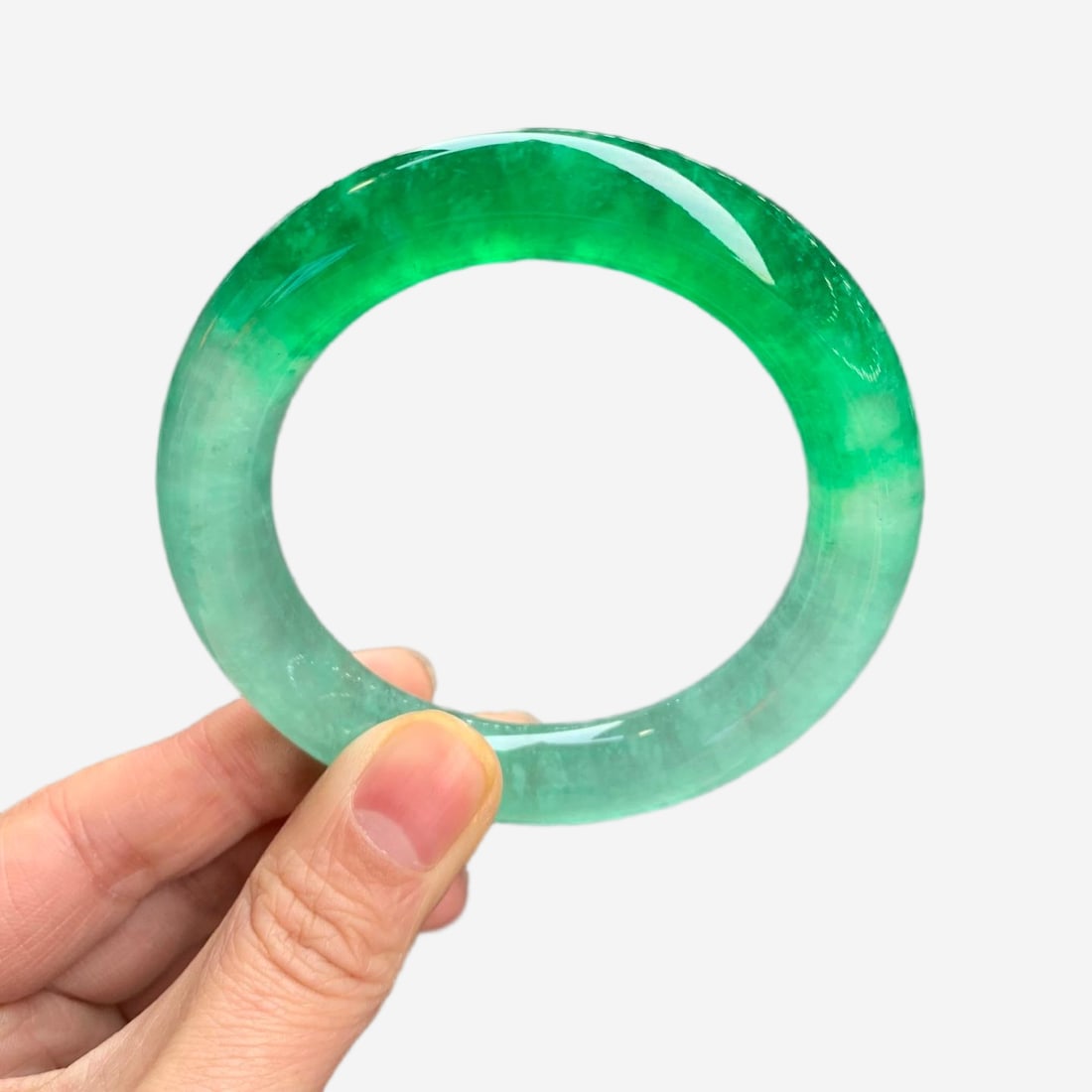 Burmese jadeite bangle with icy green flecks and a perfect shape. (1 of 13)