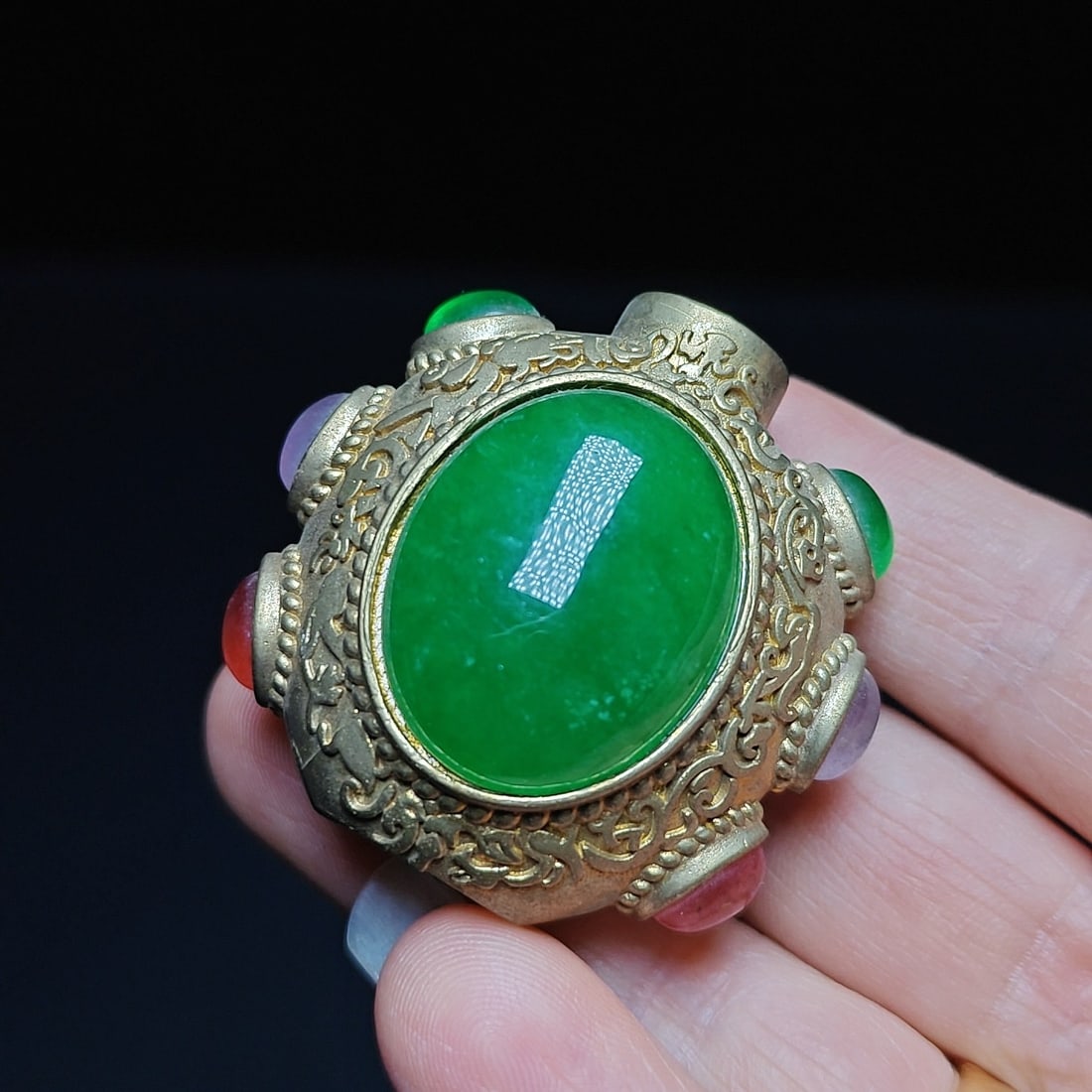 copper snuff bottle inlaid with jade (1 of 8)