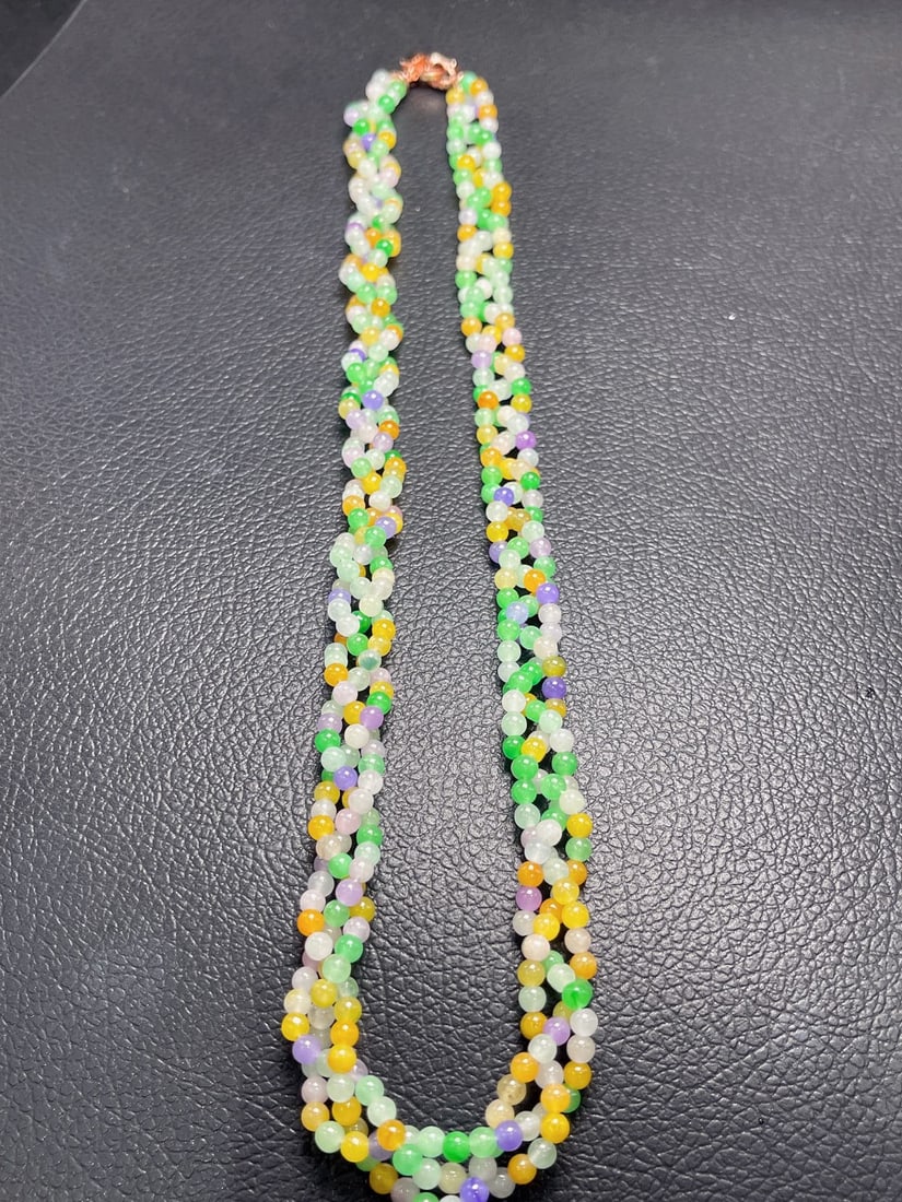 Jadeite Icy Colorful Three-Strand Braid Necklace: A colorful, icy jadeite necklace with three-strand twists, featuring translucent and lustrous beads, each one full and exquisite. Provenance:from a private collector in Ankara, Turkey. Our cooperative