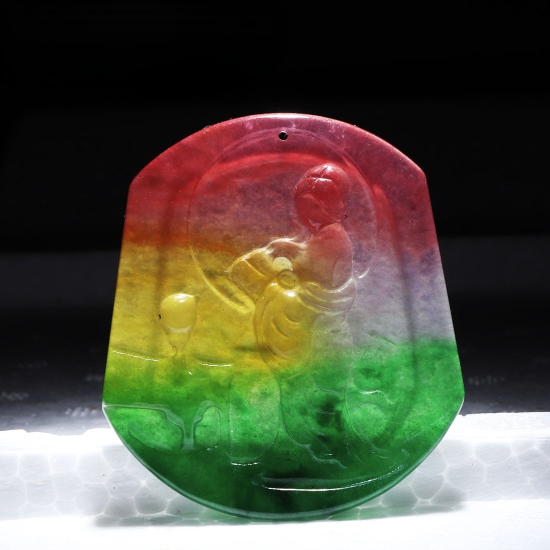 Former late Qing dynasty tricolor jadeite peace and safety plaque: A late Qing dynasty sancai (three-color) jadeite "Peace and Safety" pendant from a collection, exquisitely carved, with excellent translucency, pure icy texture, well-preserved, and of the quality sho