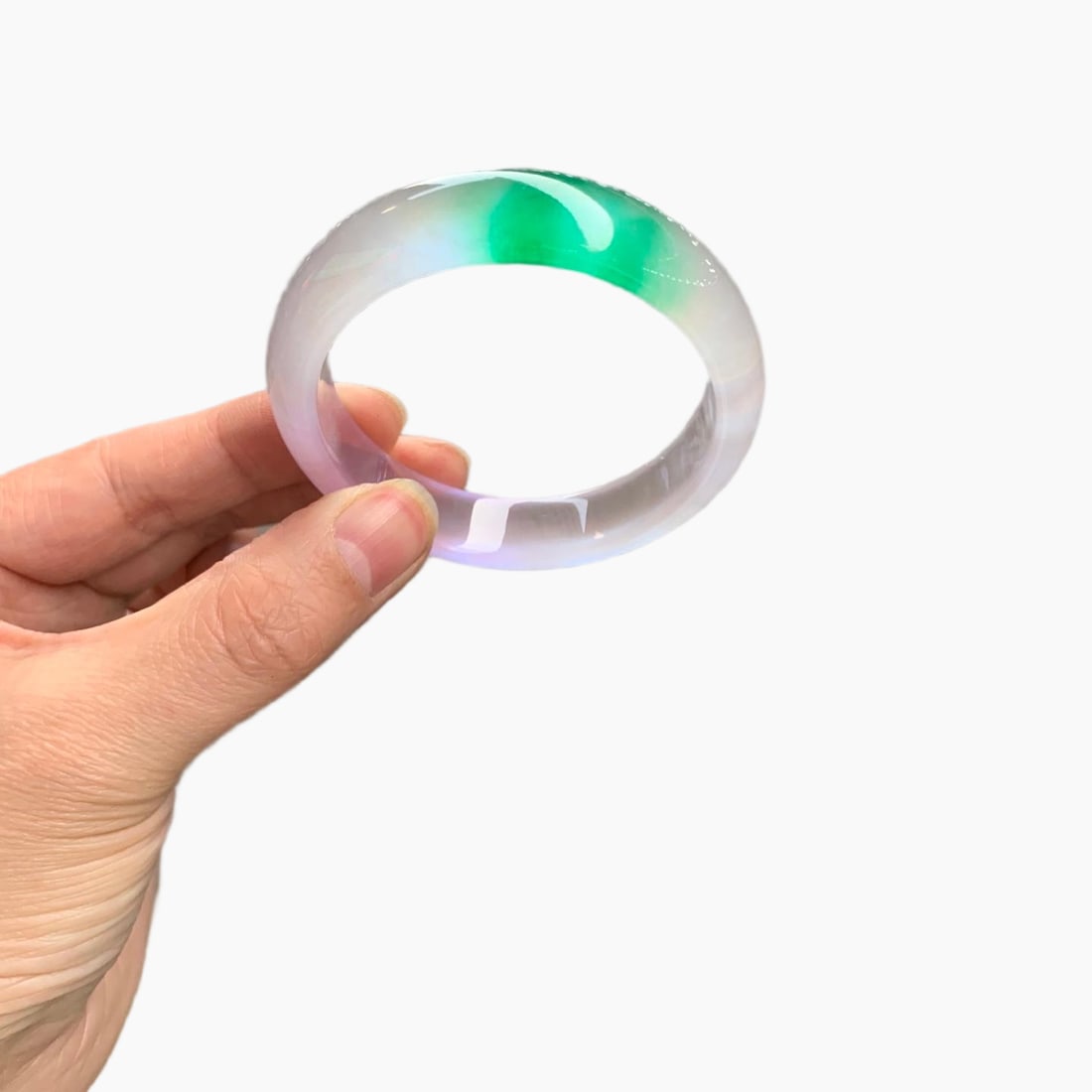 Burmese jadeite high-ice type, light purple with green flecks, spring-colored jadeite bangle (1 of 12)