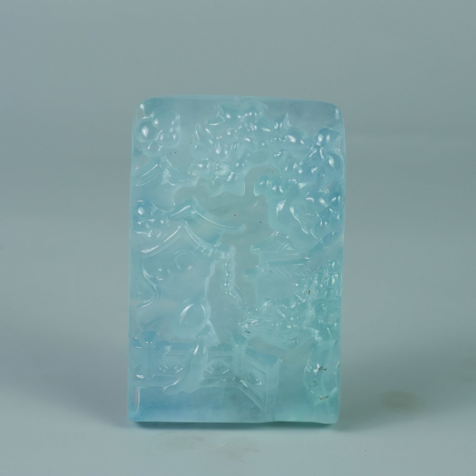 Perfectly crafted high-quality ice-crystal carving Landscape Plaque: This exquisitely carved landscape plaque is made of high-grade icy jadeite. The base is pure, rich, clean, and translucent with a strong fluorescent effect and excellent rigidity. It is a true icy, tr