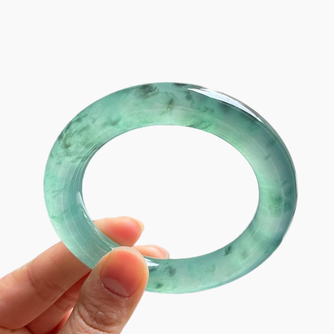 Burmese jadeite bangle, high-grade icy jadeite, lake green color with floating patterns, perfect (1 of 11)