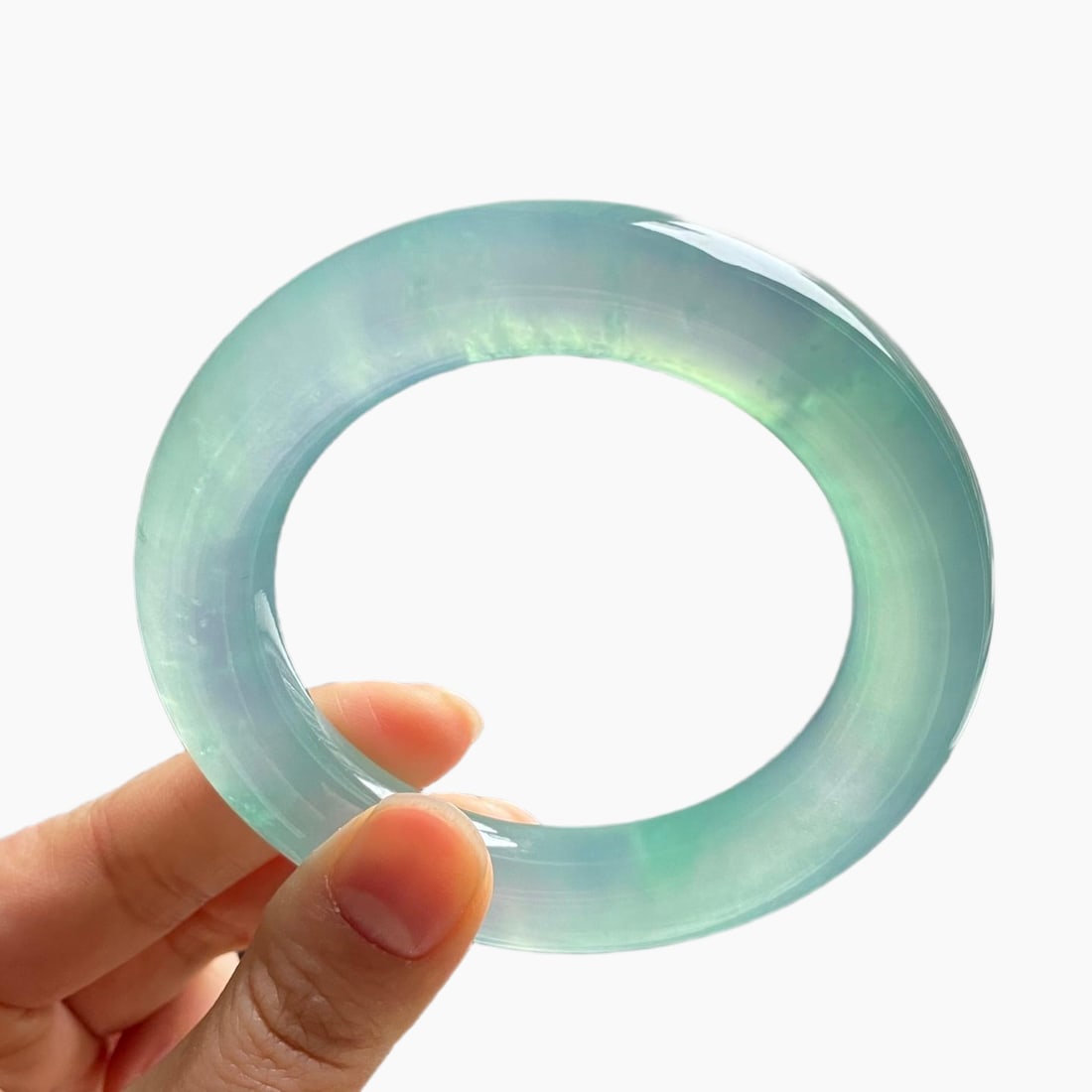Burmese jadeite bangle, high-quality icy texture, light green, round shape, perfect. (1 of 11)