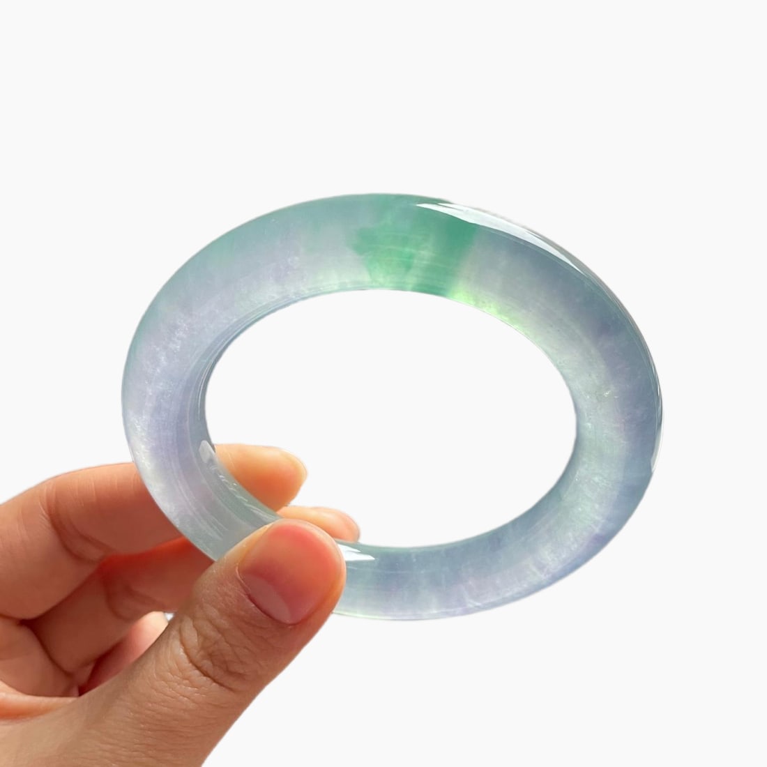 Burmese jadeite bangle, high-quality icy texture with floating green color, perfect round shape. (1 of 11)