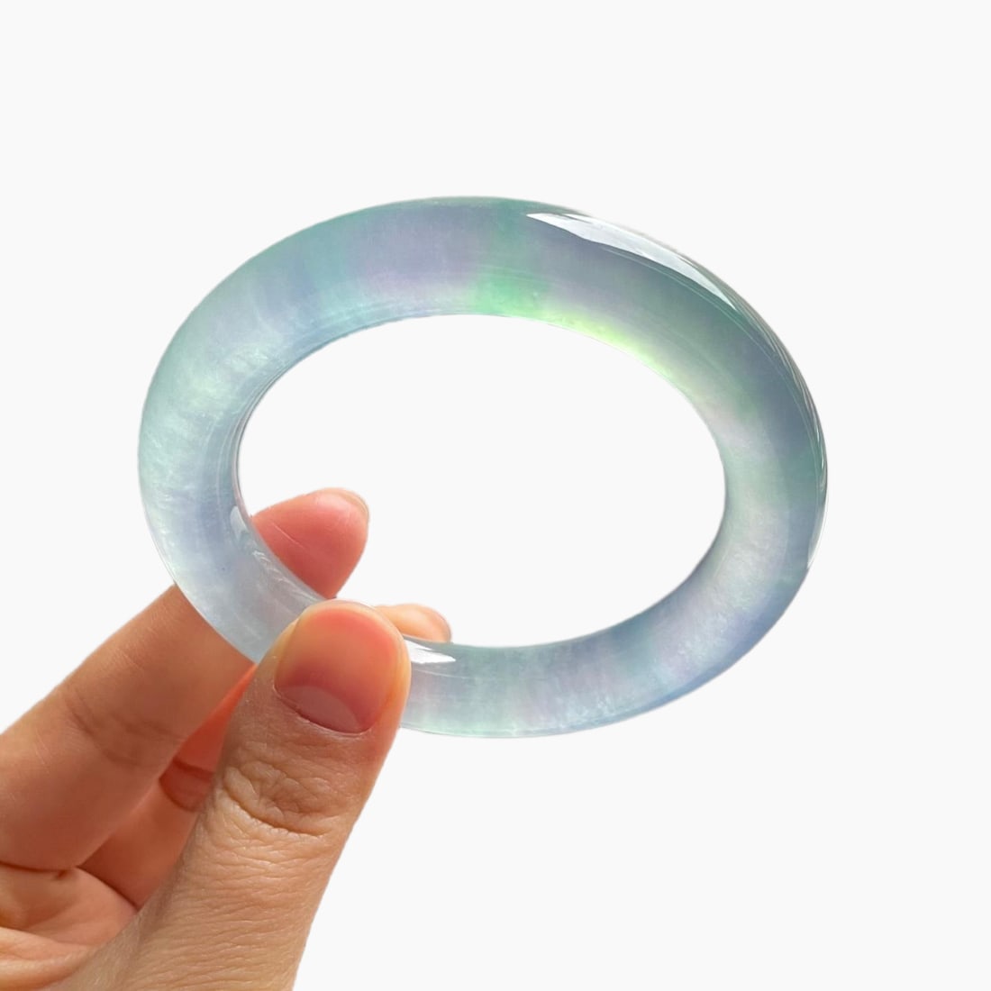 Burmese jadeite bangle, high-quality icy texture with floating green color, perfect round shape. (1 of 7)